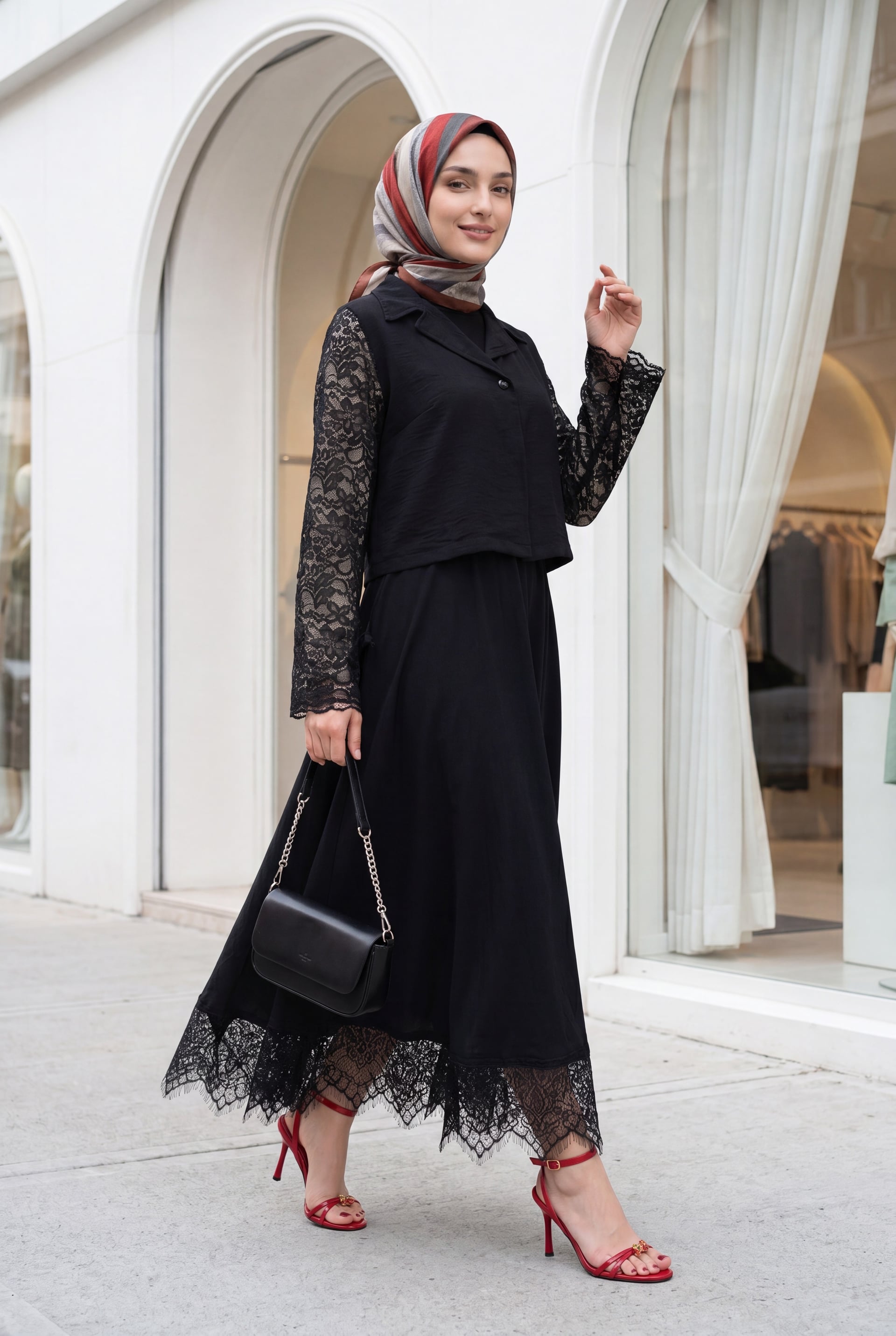 Women's Black Lace Detail Two-Piece Set with Long Sleeves and Skirt - Podyumplus - by Peralane