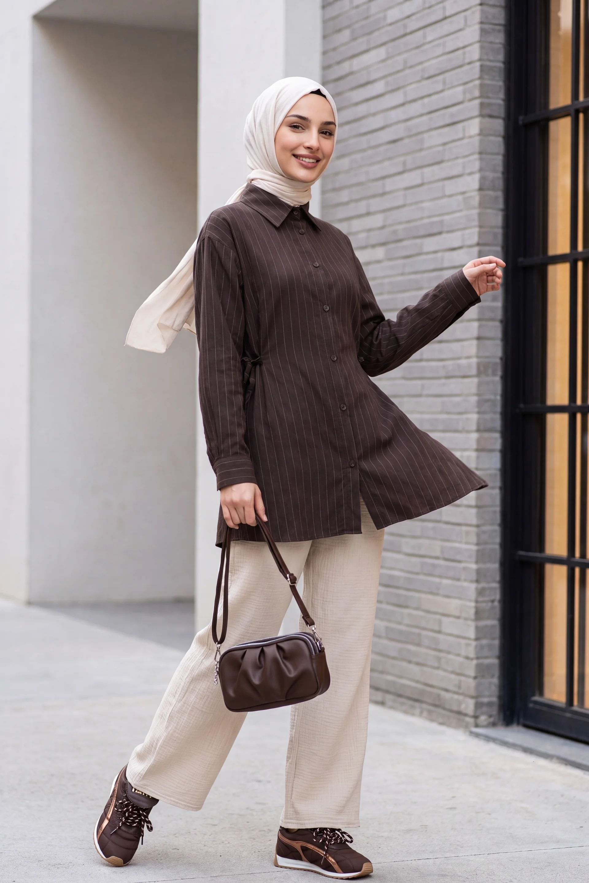 Side Lace-Up Striped Button Modal Tunic - Brown - Podyumplus - by Peralane - photo 6