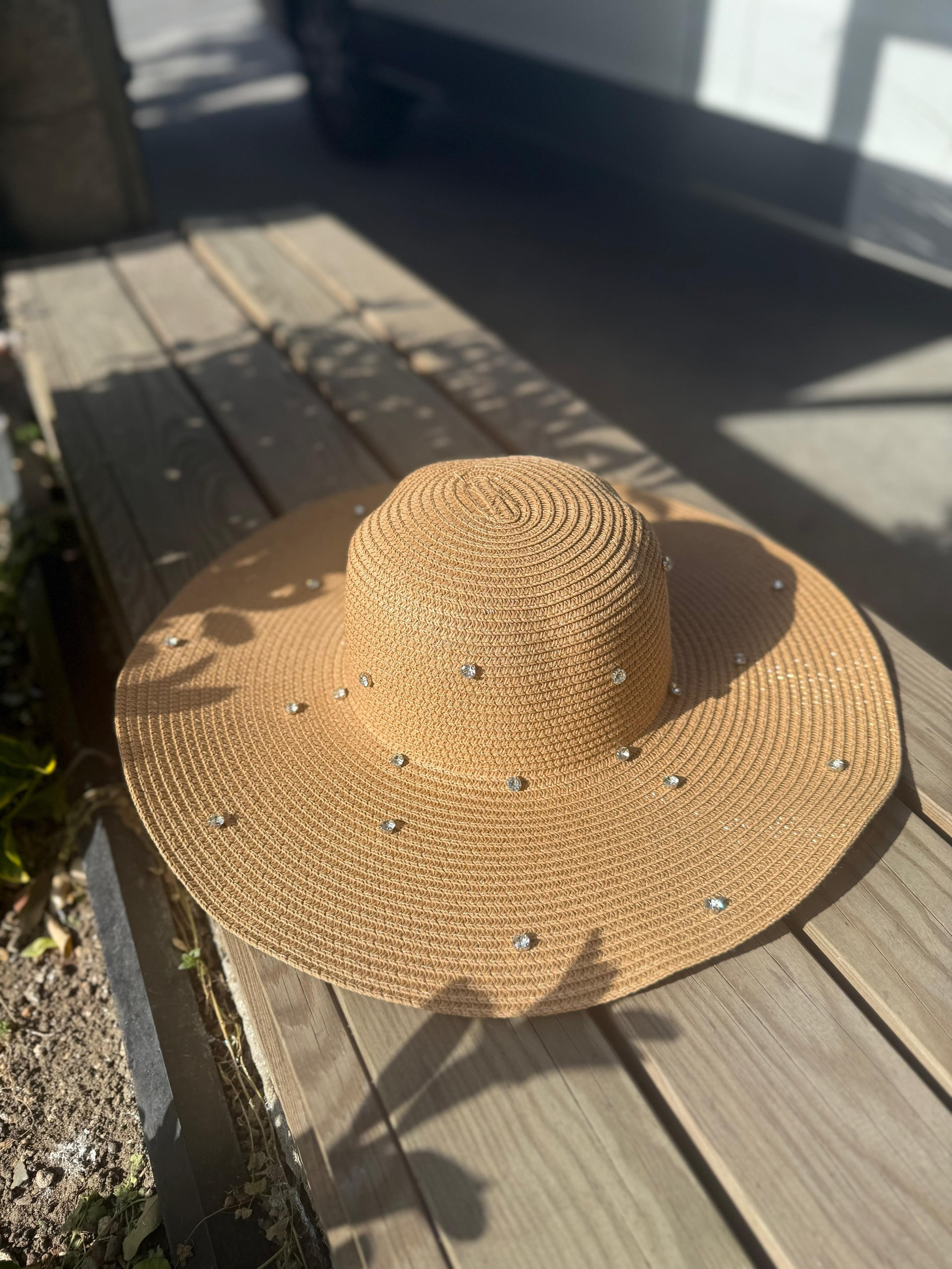 Full Rhinestone Camel Wide-Brimmed Straw Hat - Nesvay - by Peralane - photo 2