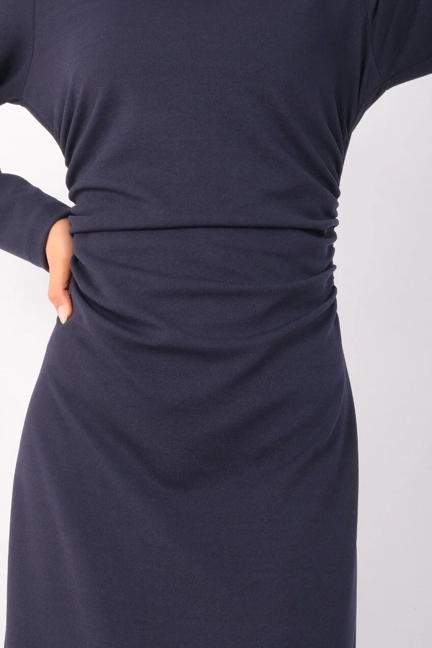 Women's Navy Blue Ruching Waist Knit Crepe Dress - Podyumplus - by Peralane - photo 5