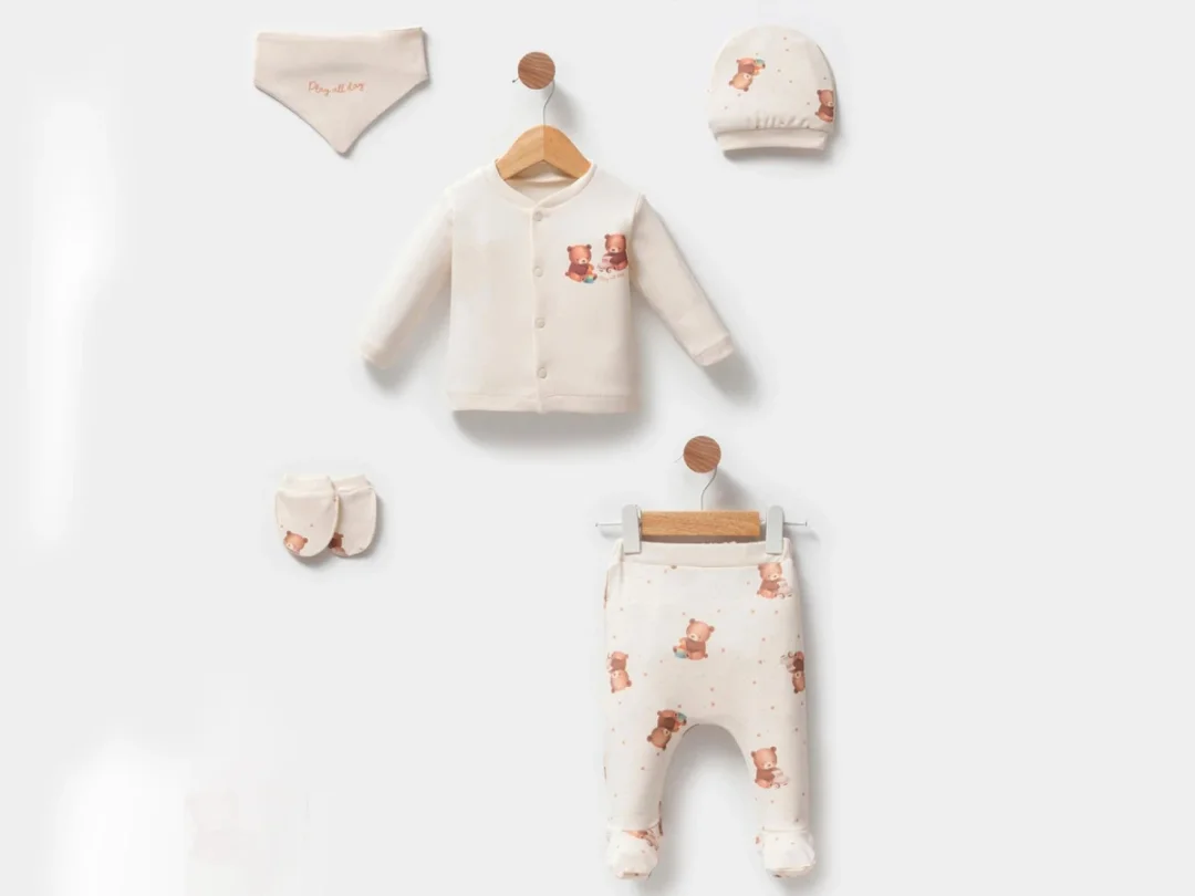 Teddy Bear Print Baby Boy 5-Piece Set - Cream - Esya - by Peralane