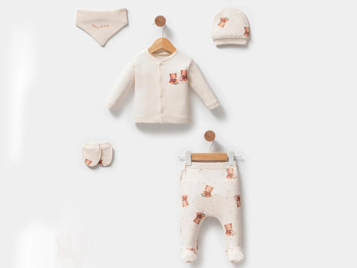 Teddy Bear Print Baby Boy 5-Piece Set - Cream - Esya - by Peralane