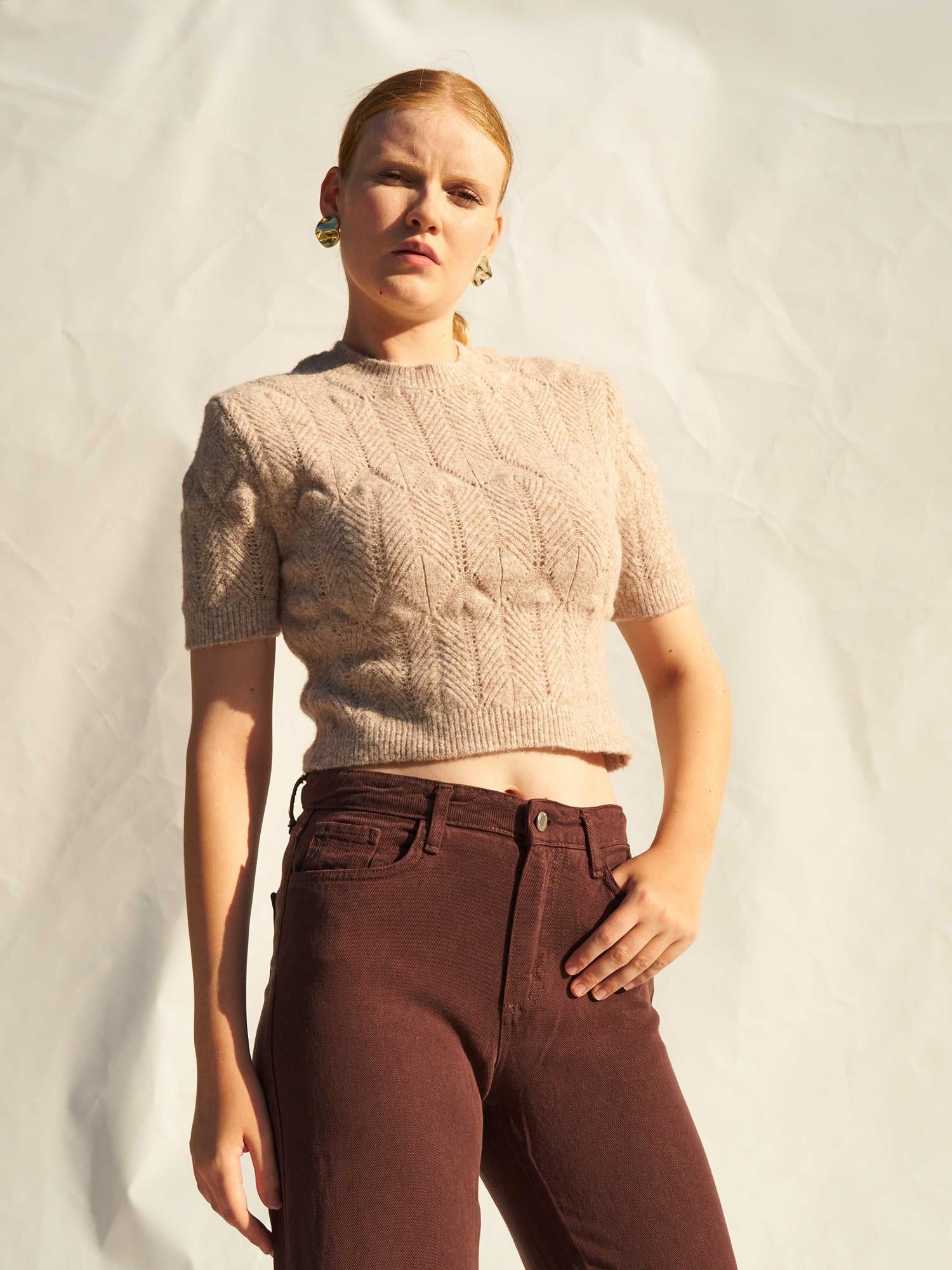 Crew Neck Short Sleeve Openwork Knit Sweater - Beige - Lefon - by Peralane - photo 7