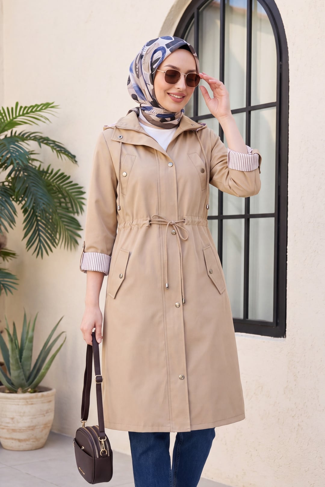 Striped Lined Trench Coat - Light Beige - Podyumplus - by Peralane