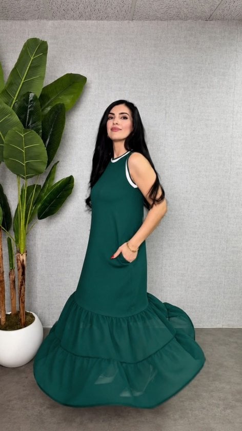 Women's Sleeveless Round Neck Long Viscose Dress with Chiffon Hem Detail - Janes - by Peralane - photo 2