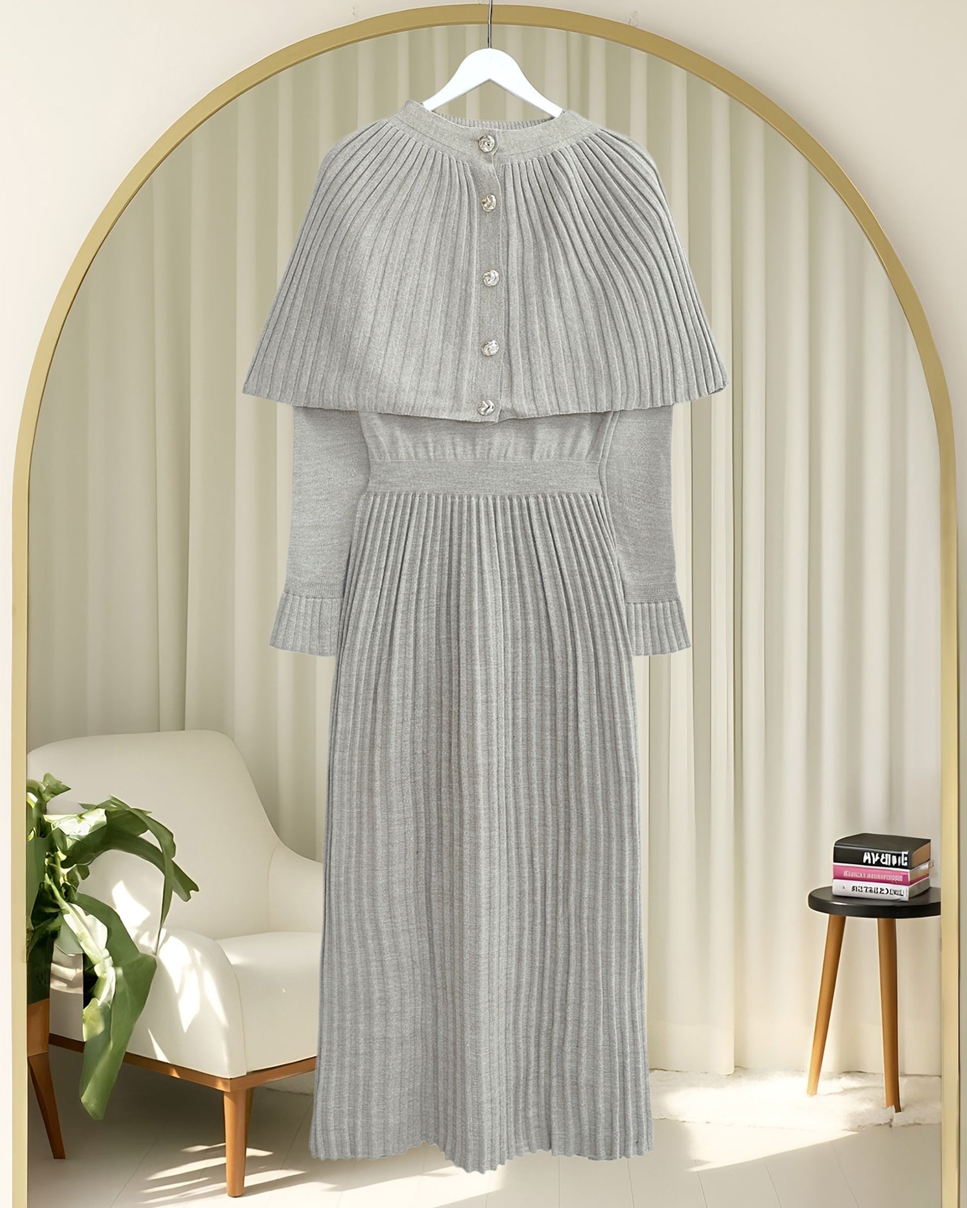 Ribbed Knit Long Dress with Capelet Detail and Elastic Waist - Light Beige - Podyumplus - by Peralane - photo 5