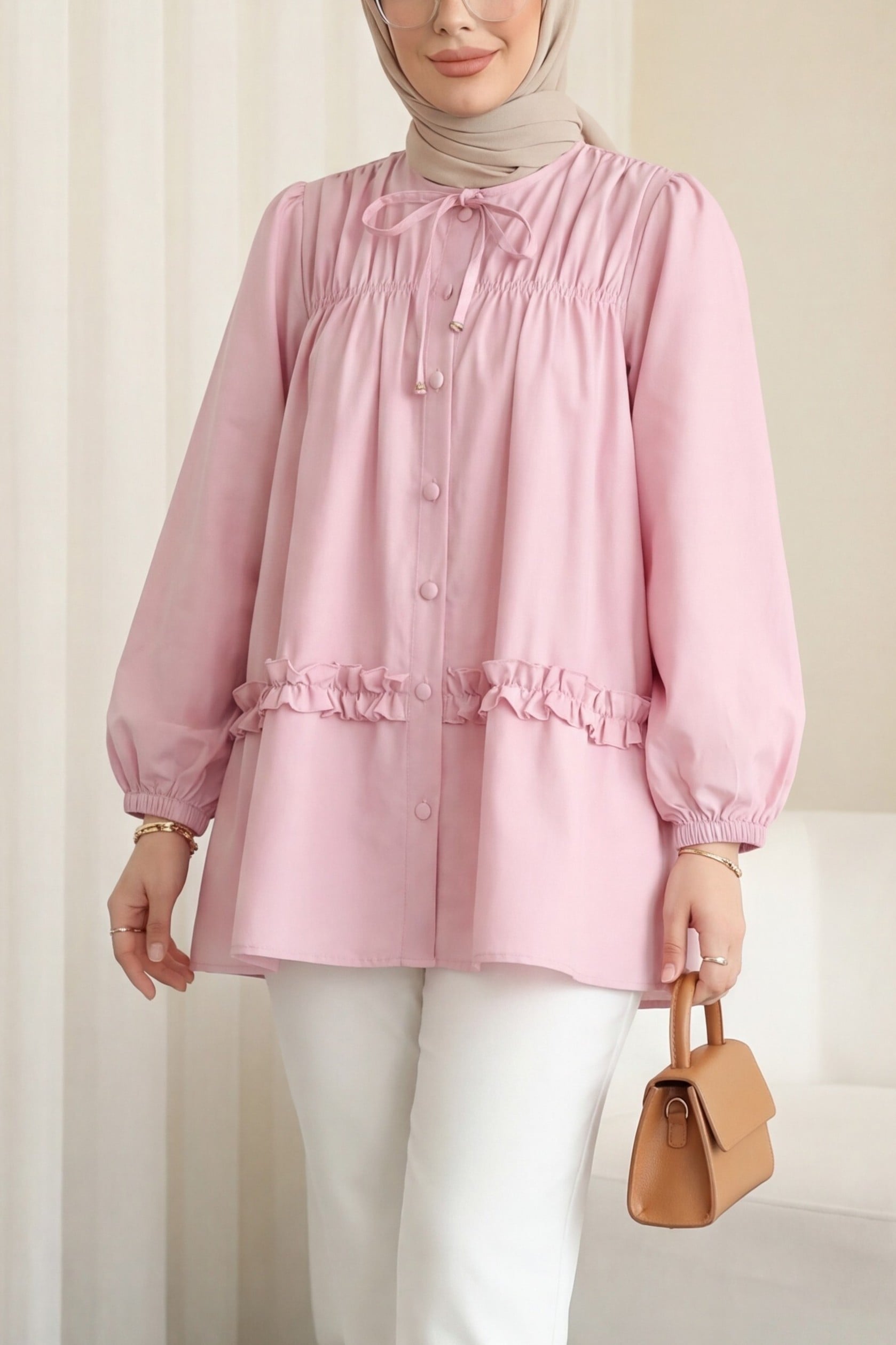 Pink Poplin Tunic with Tie-Neck, Gathered Yoke and Ruffled Hem - Podyumplus - by Peralane