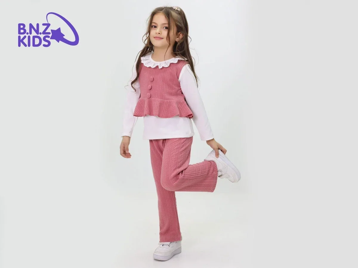 Girls' 3-Piece Set with Lace Collar T-Shirt, Ribbed Trousers, and Peplum Vest - Incilay - by Peralane