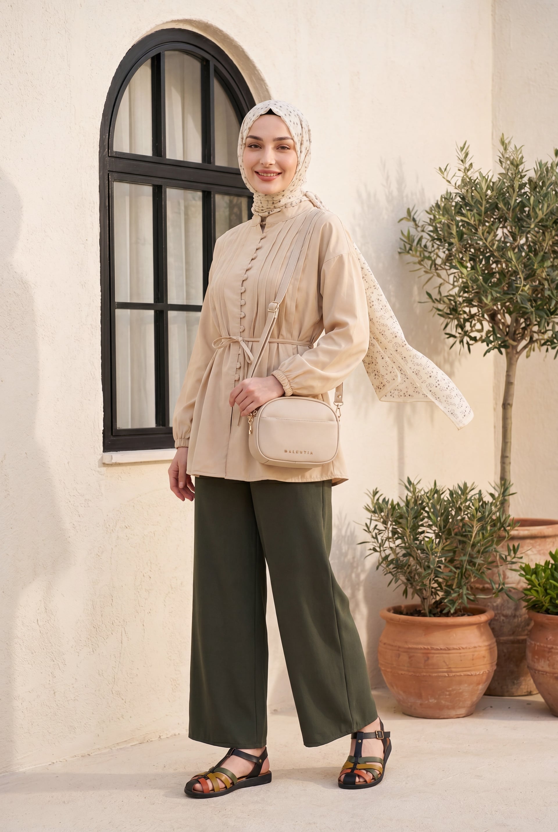 Elastic Waist Tie Detail Wide Leg Trousers - Khaki - Podyumplus - by Peralane - photo 3