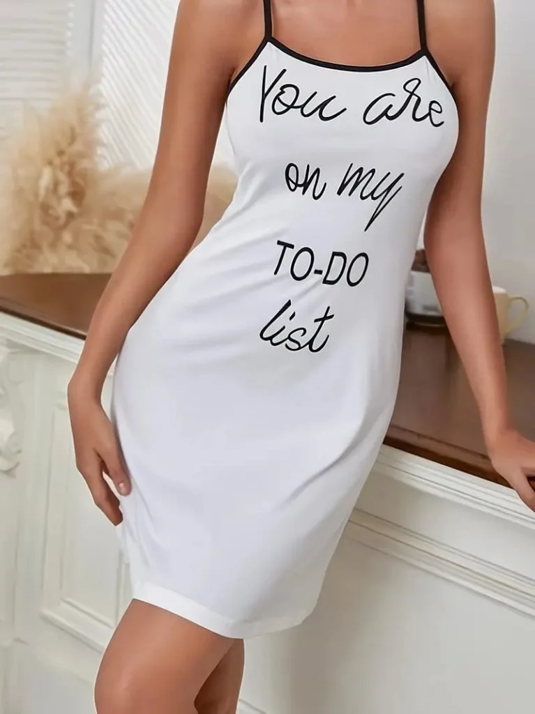Women's White Sleeveless Spaghetti Strap Night Dress with To-Do List Print - Janes - by Peralane