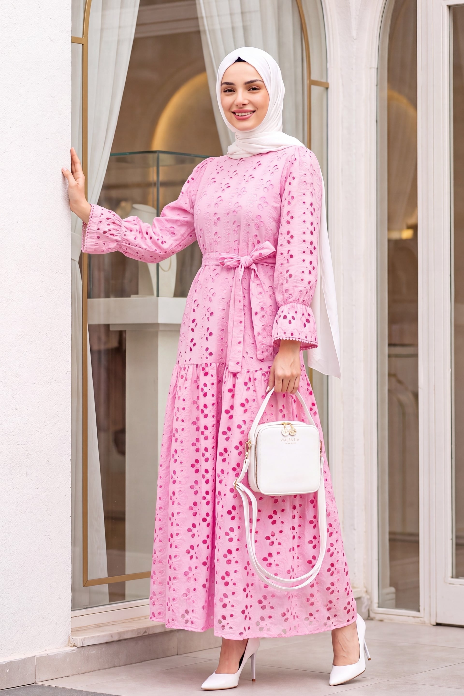Pink Floral Eyelet Long Linen Look Dress with Round Neck and Ruffled Cuffs - Podyumplus - by Peralane