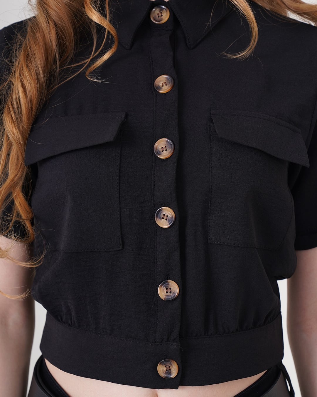 Cropped Collared Blouse with Chest Pockets - Black - Bigdart - by Peralane - photo 3