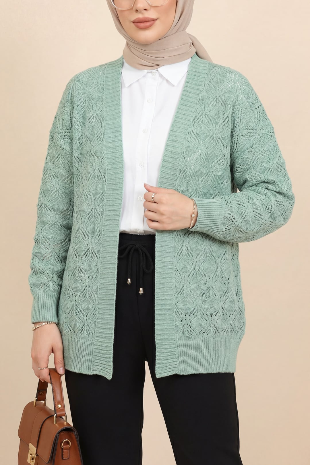 Mint Patterned Hip-Length Knit Cardigan - Podyumplus - by Peralane
