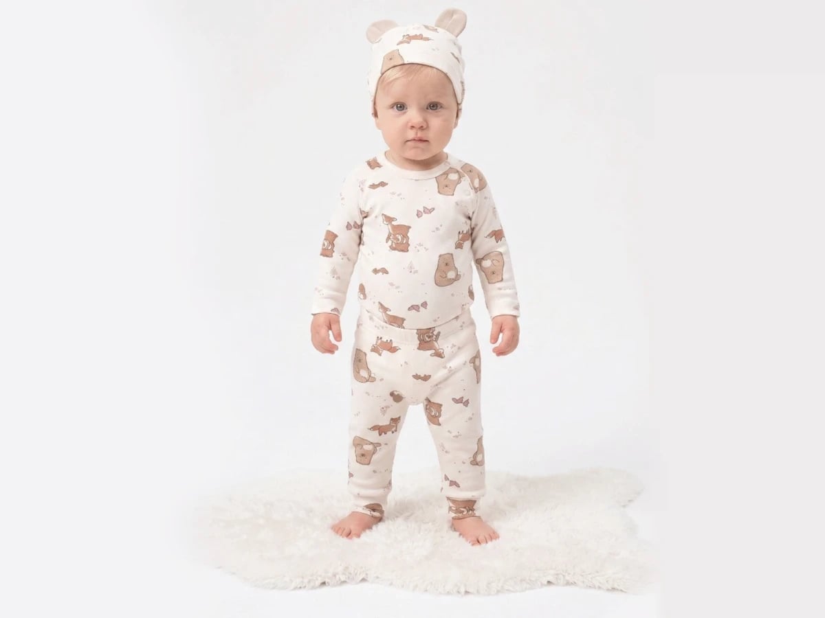 Baby Boy Knit Sleepwear Set with Hat - Cream with Bear Print - Cayzen - by Peralane