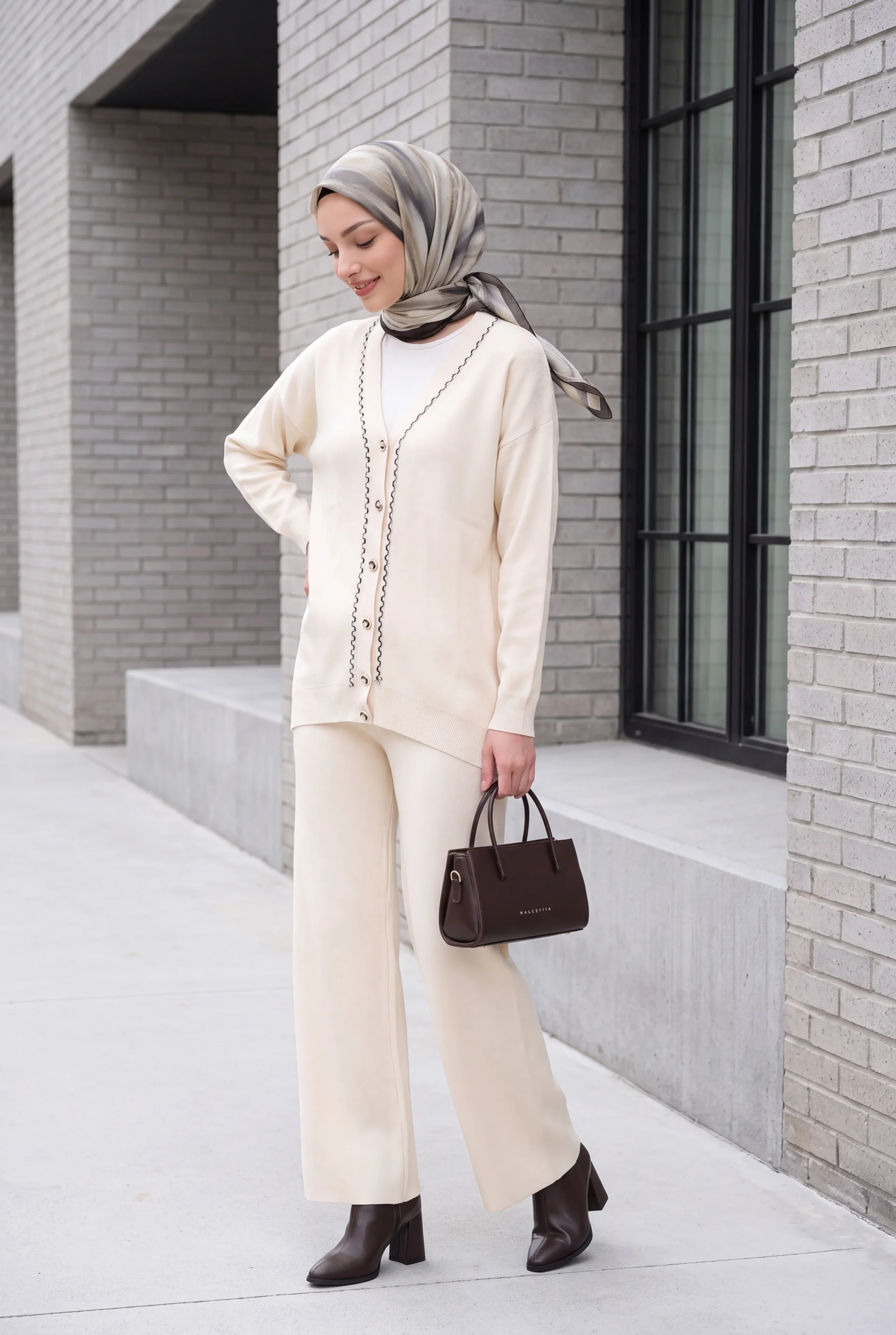 Women's Knit Cardigan and Wide-Leg Trousers Two-Piece Set 15956 - Ecru - Bigdart - by Peralane - photo 5