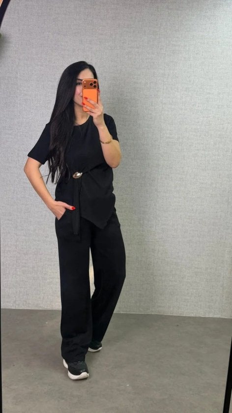 Women's Short-Sleeve Viscose Two-Piece Set with Blouse and Wide-Leg Trousers - Janes - by Peralane