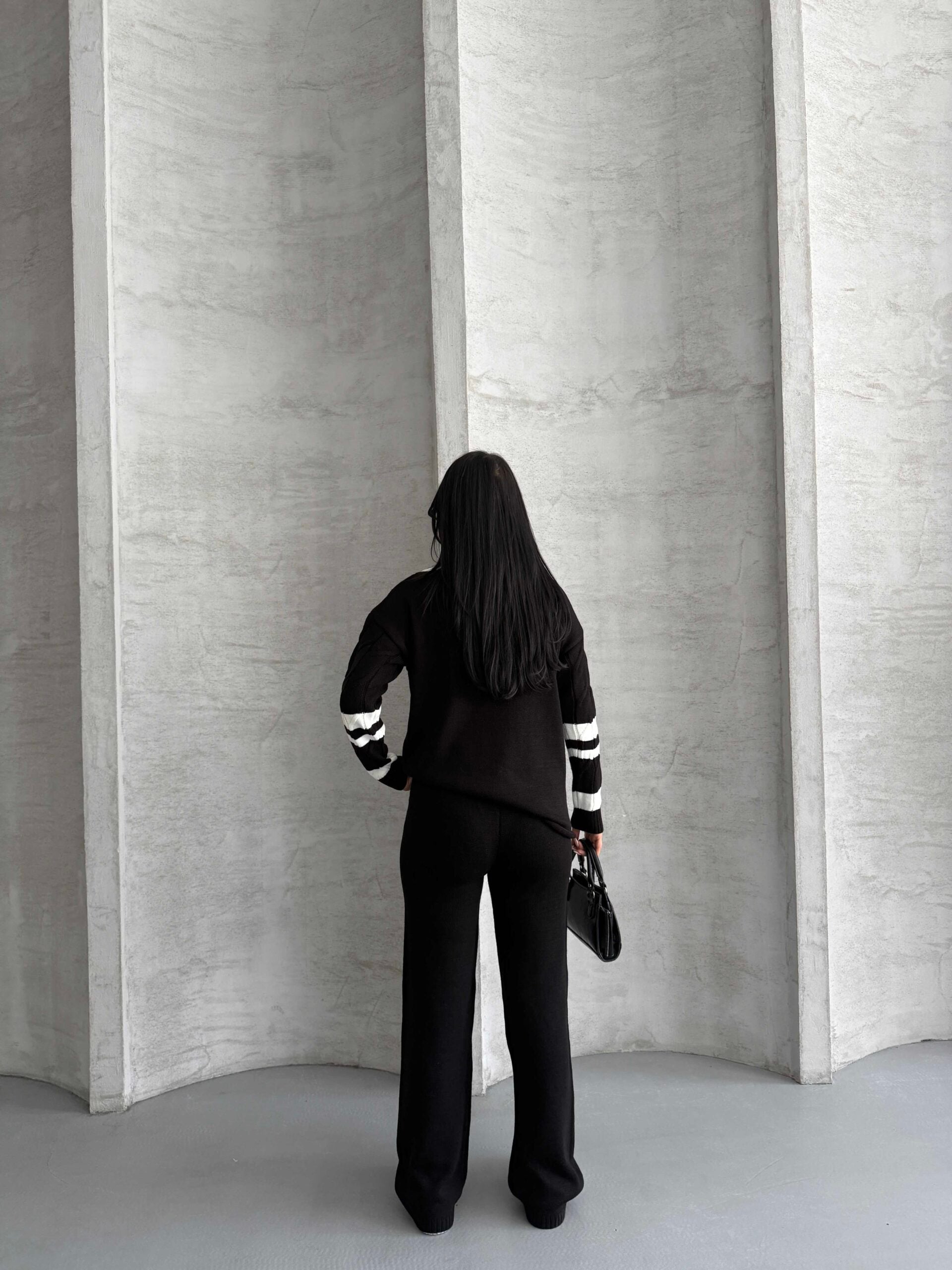 Women's Black Cable Knit Two-Piece Lounge Set with White Stripes - My Bee - by Peralane - photo 2