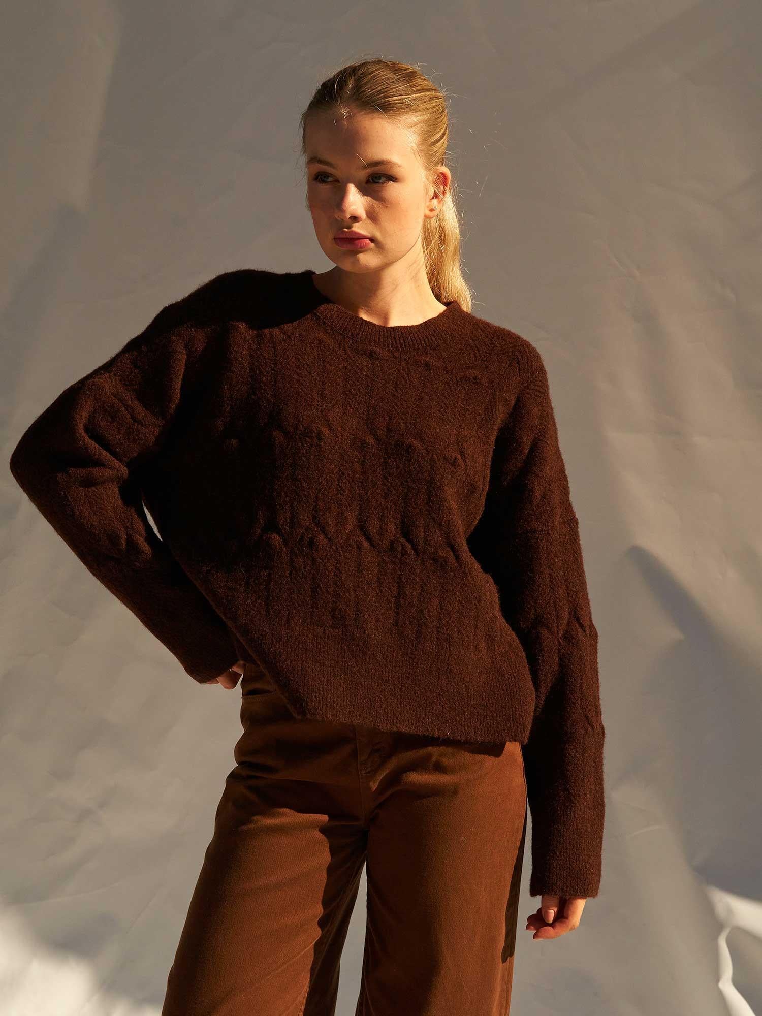 Brown Oversized Crewneck Knit Sweater - Lefon - by Peralane