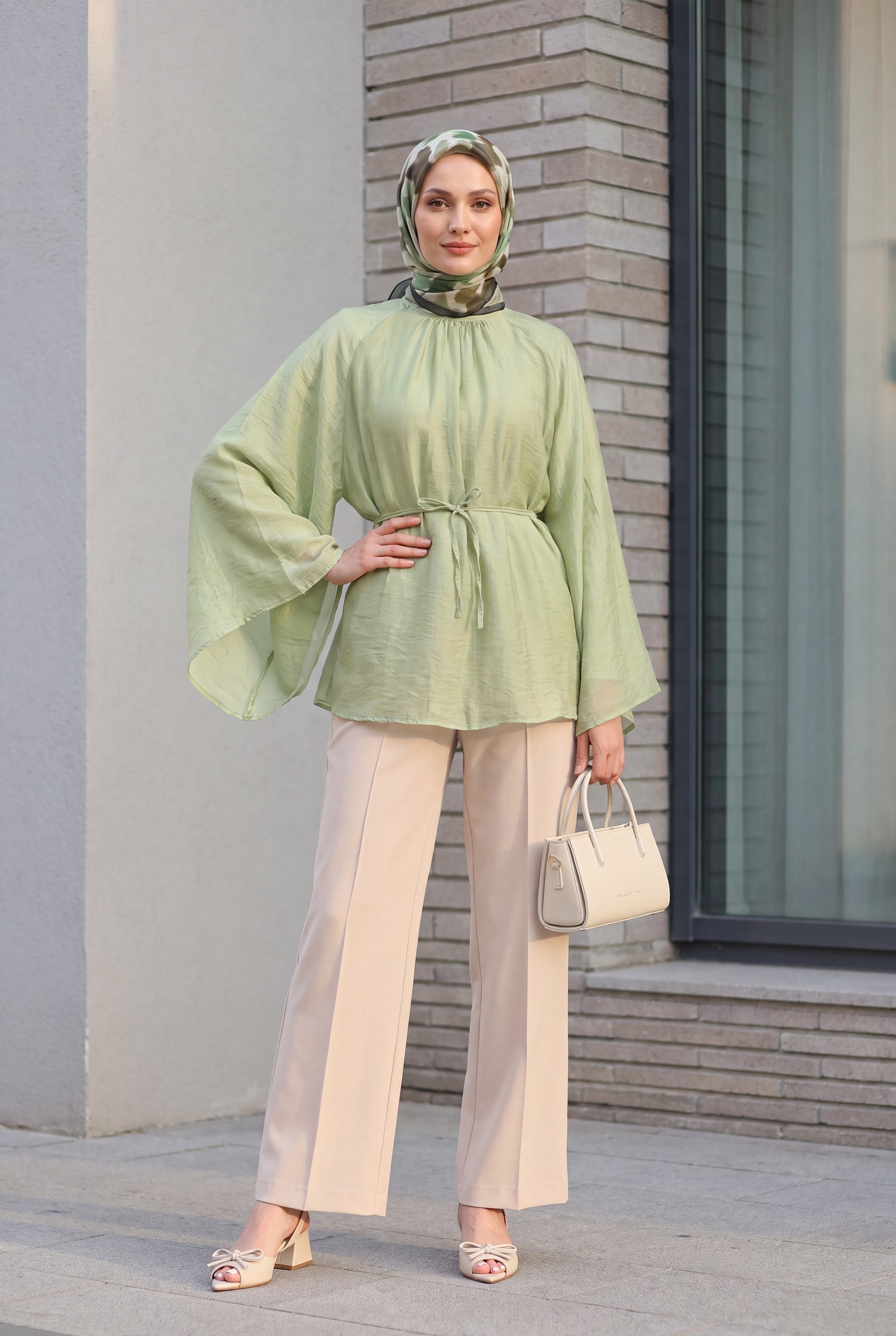 Hakim Collar Belted Lined Spanish Sleeve Oversize Lyocell Tunic - Pale Green - Podyumplus - by Peralane - photo 7