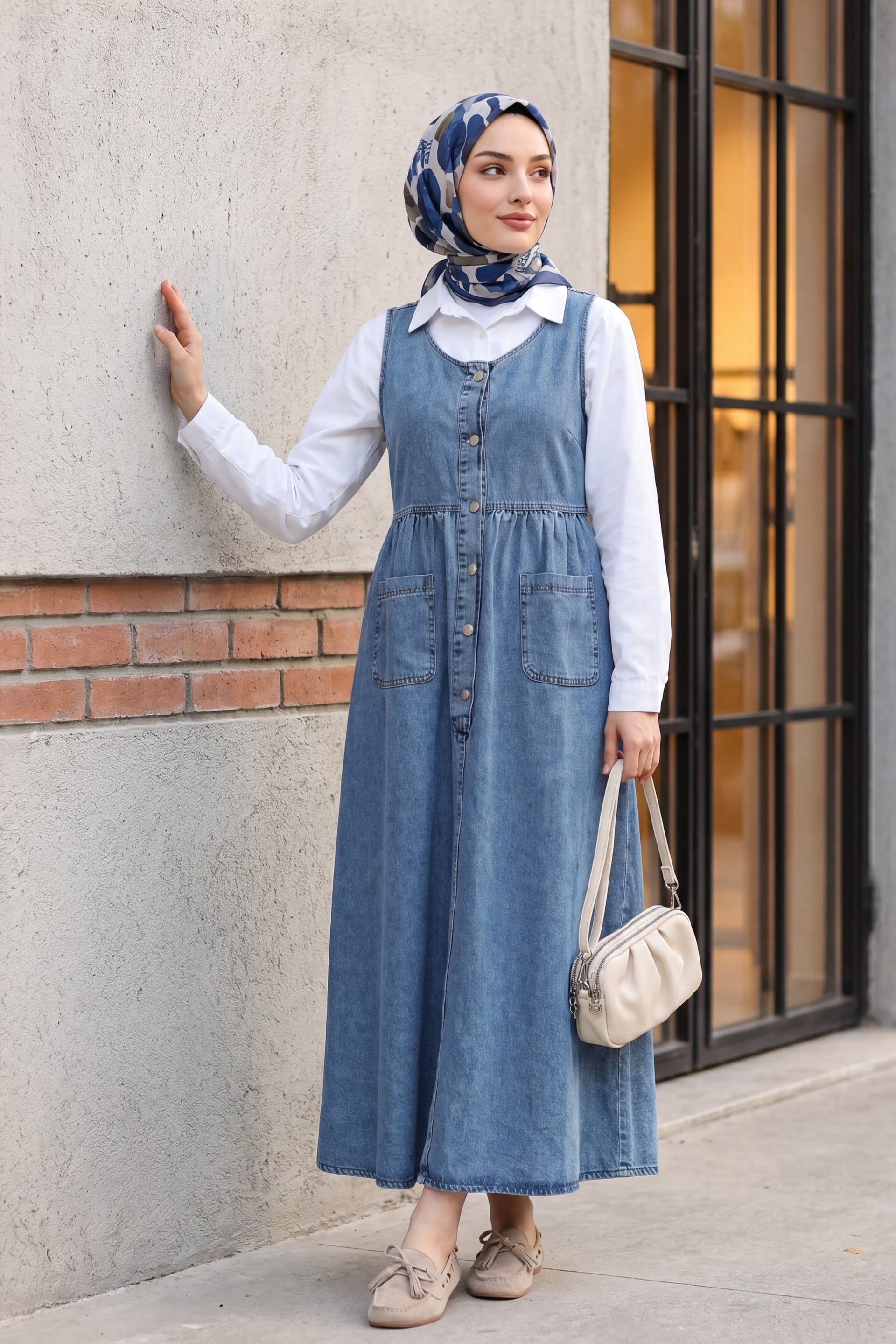 Half-Button Double Pocket Sleeveless Denim Pinafore Dress - Ice Blue - Podyumplus - by Peralane