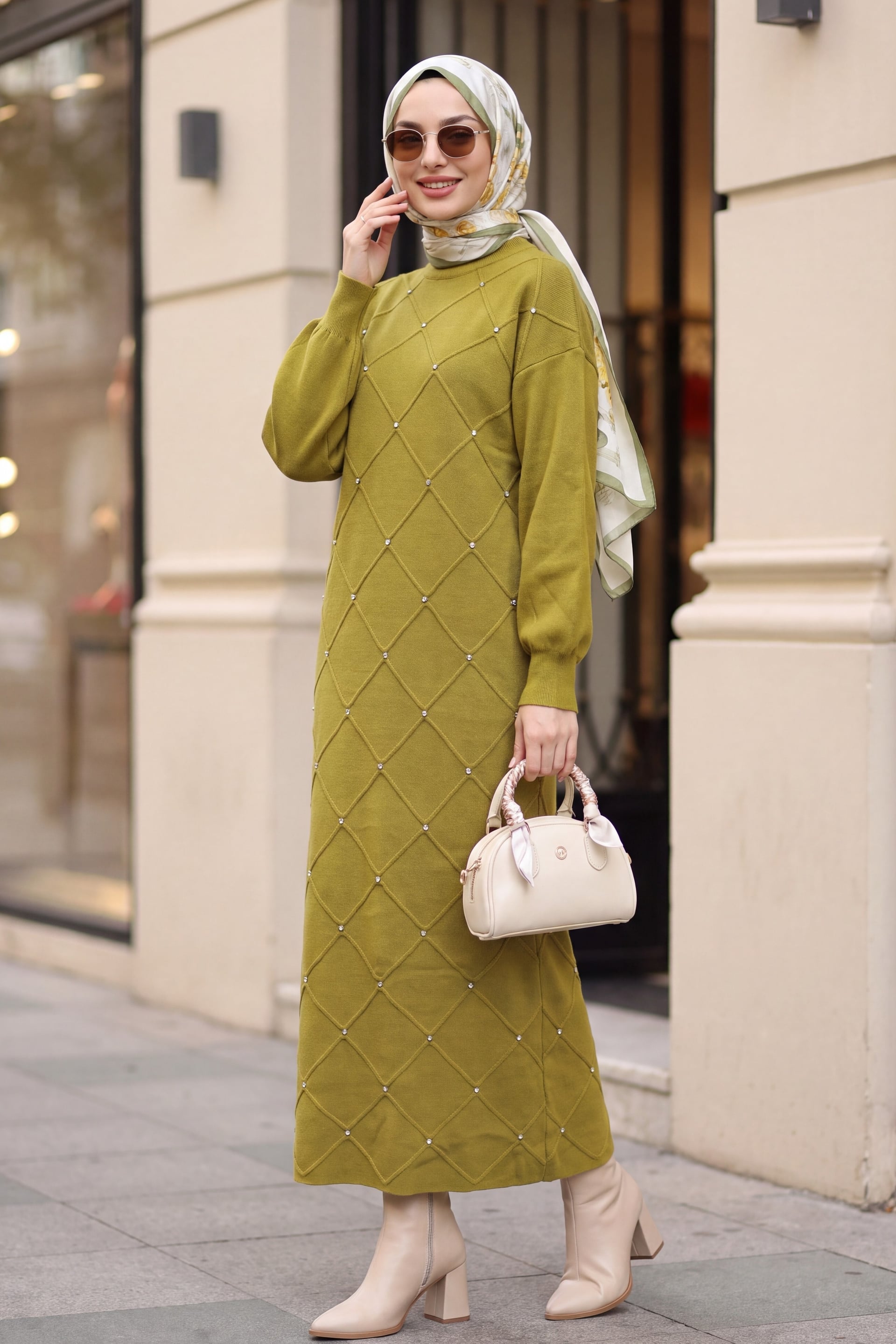 Stone Detail Check Pattern Balloon Sleeve Knit Dress - Olive Green - Podyumplus - by Peralane - photo 2