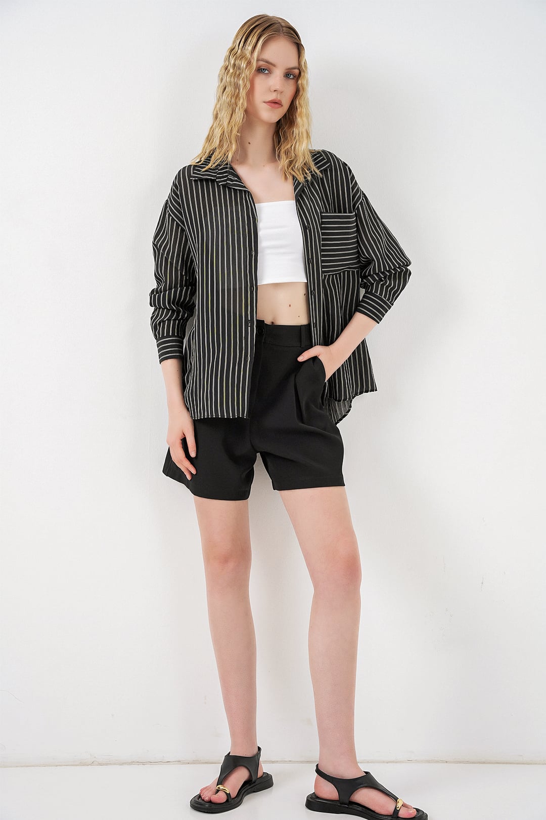 Women's Single Pocket Striped Oversize Shirt - Black - Bigdart - by Peralane