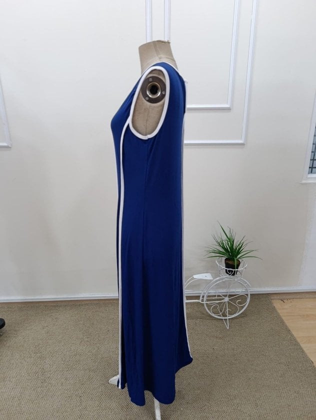 Women's Sleeveless Maxi Dress with Off-Shoulder Neckline and Thin Stripe Detail in Royal Blue Viscose - Janes - by Peralane - photo 6
