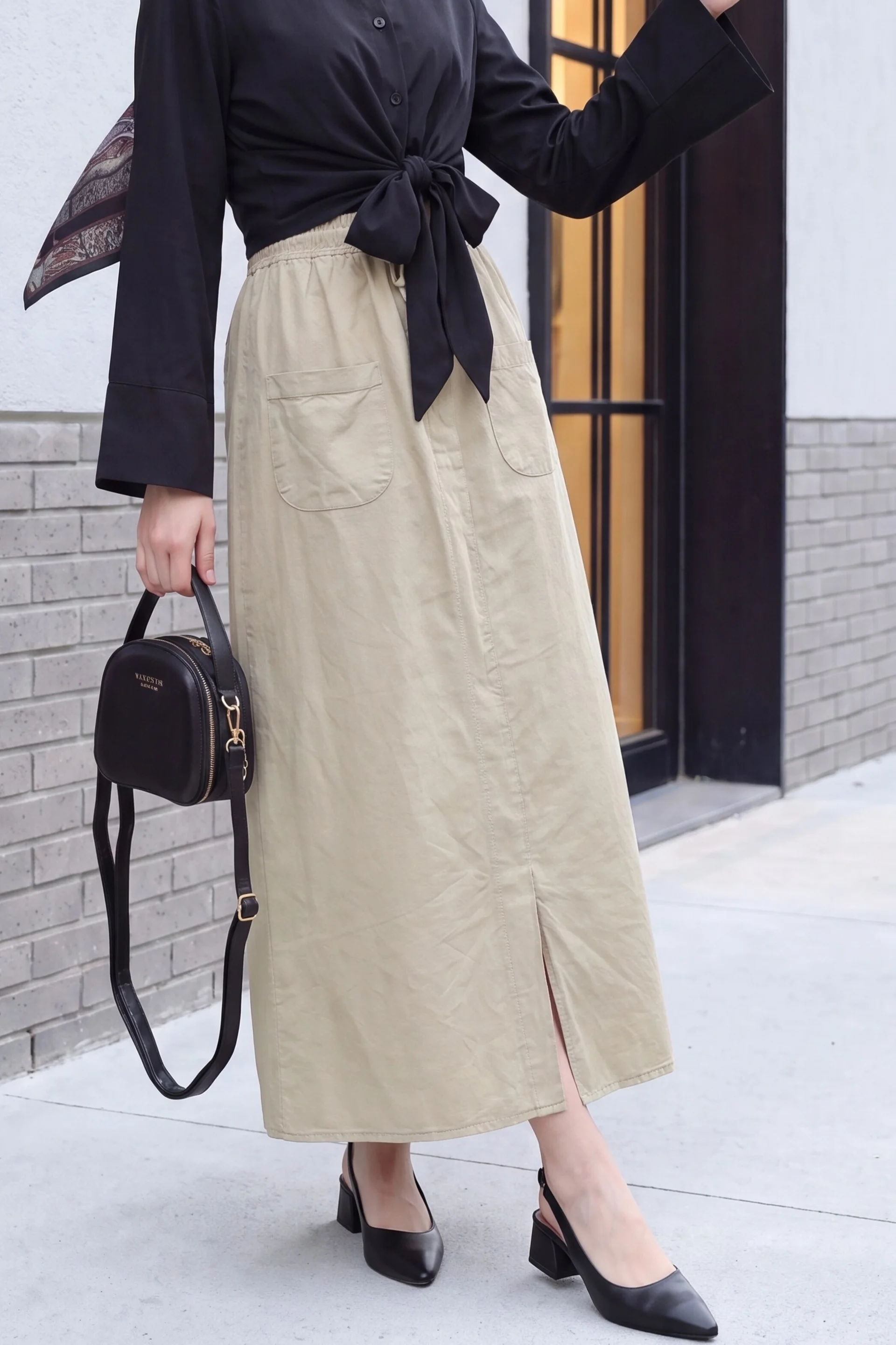 Midi Skirt with Tie Waist and Front Slit - Beige - Podyumplus - by Peralane