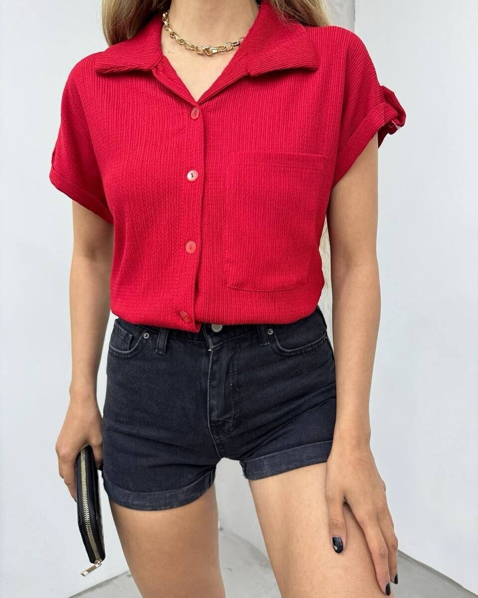 Burgundy Double-Sleeve Crinkle Blouse with Chest Pocket - Podyumplus - by Peralane - photo 3