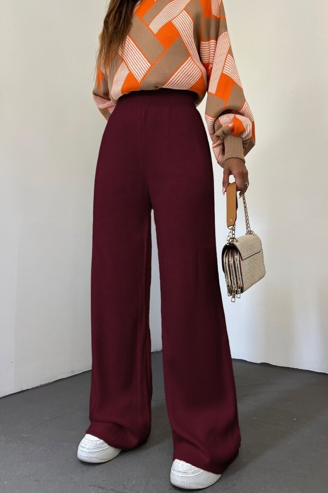Burgundy Wide-Leg Knit Lounge Pants - Podyumplus - by Peralane - photo 2