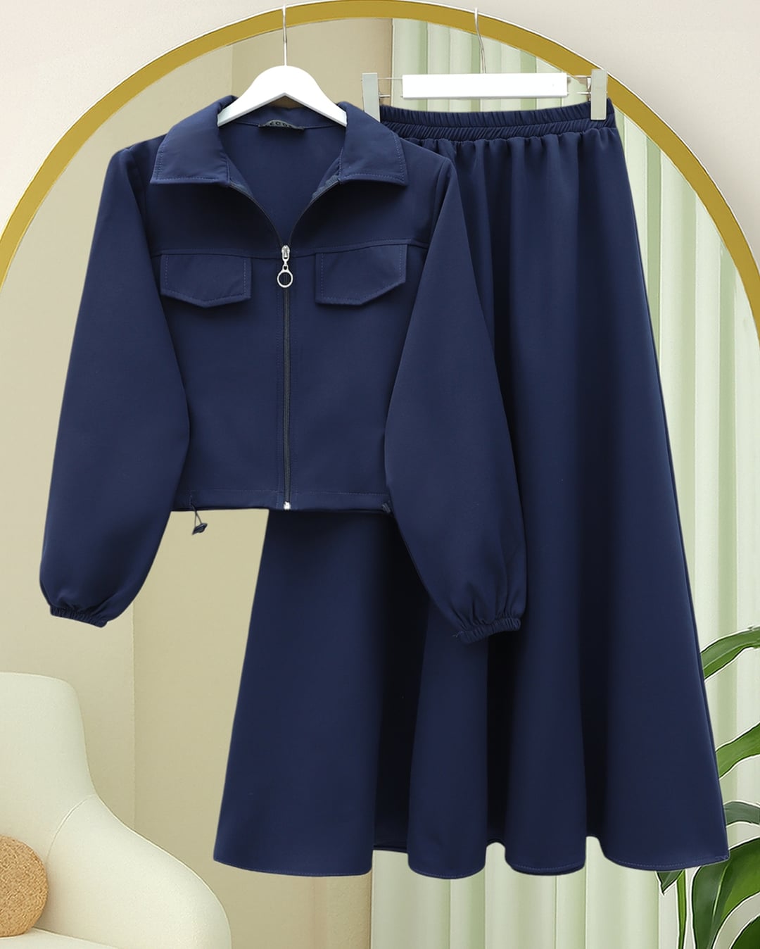 Navy Zip-Front Double Knit Two-Piece Set with Elastic Waist and Cuffs - Podyumplus - by Peralane - photo 2