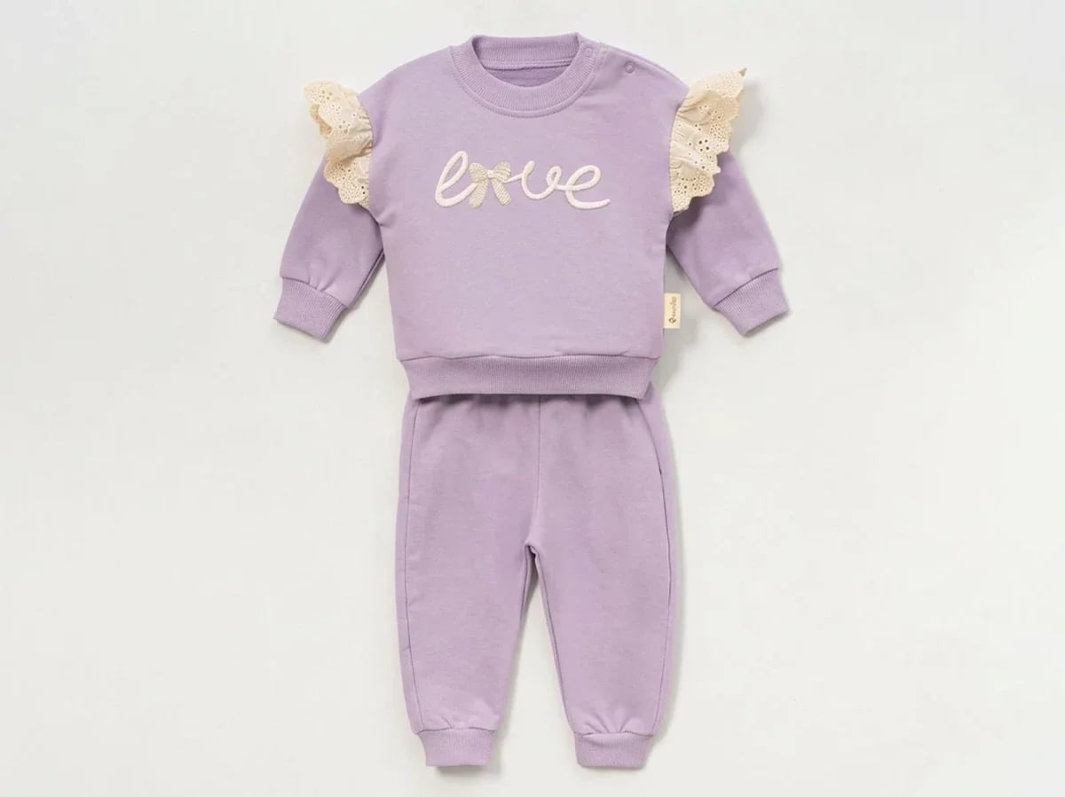 Love Embroidered Baby Girl Sweatshirt and Trousers Set in Lavender - Vovido - by Peralane