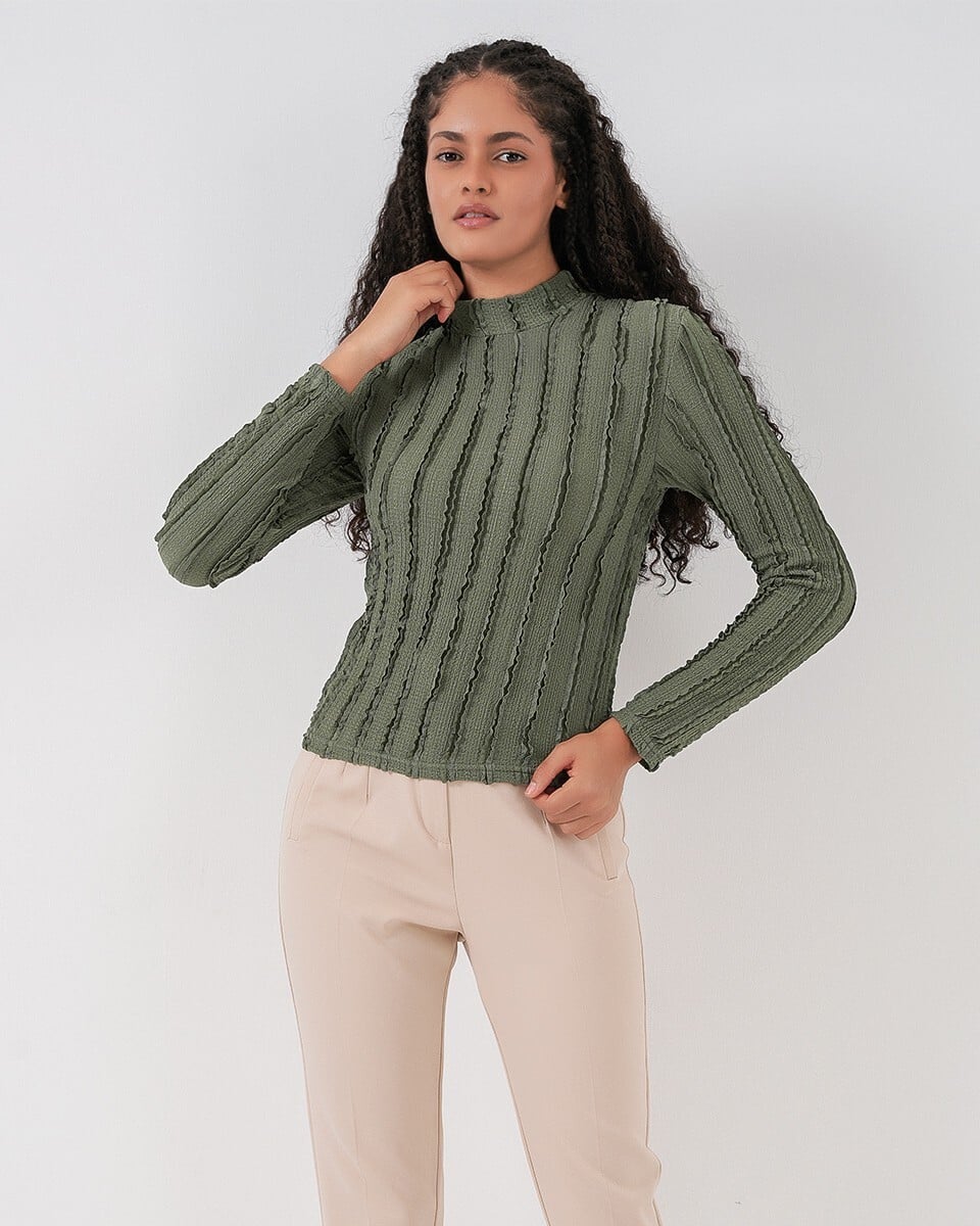 Women's Textured Stretch Knit Blouse - Olive Green - Wholeskop - by Peralane - photo 5