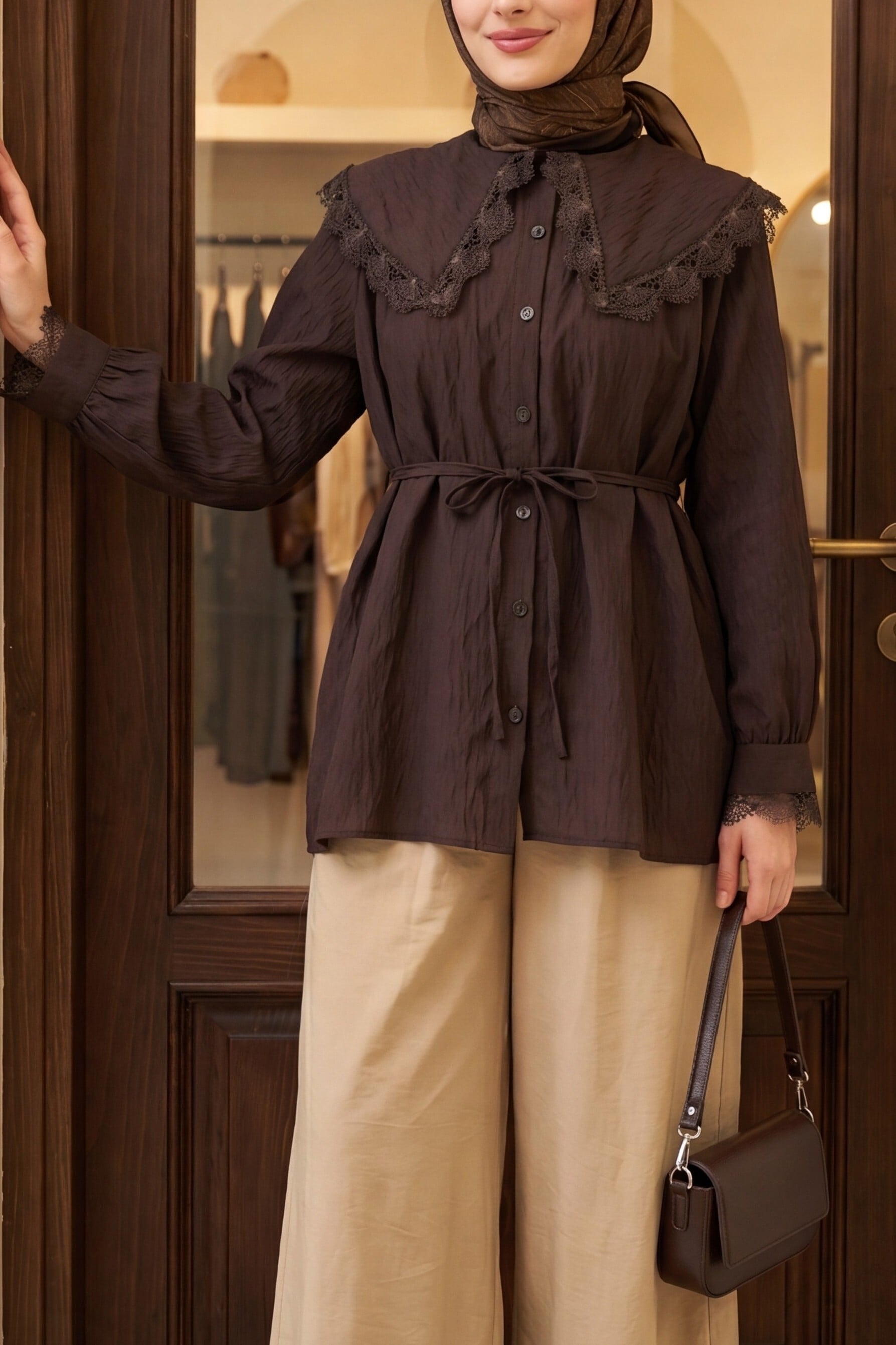 Baby Collar Ruffled Tie Waist Modal Tunic - Dark Brown - Podyumplus - by Peralane - photo 2