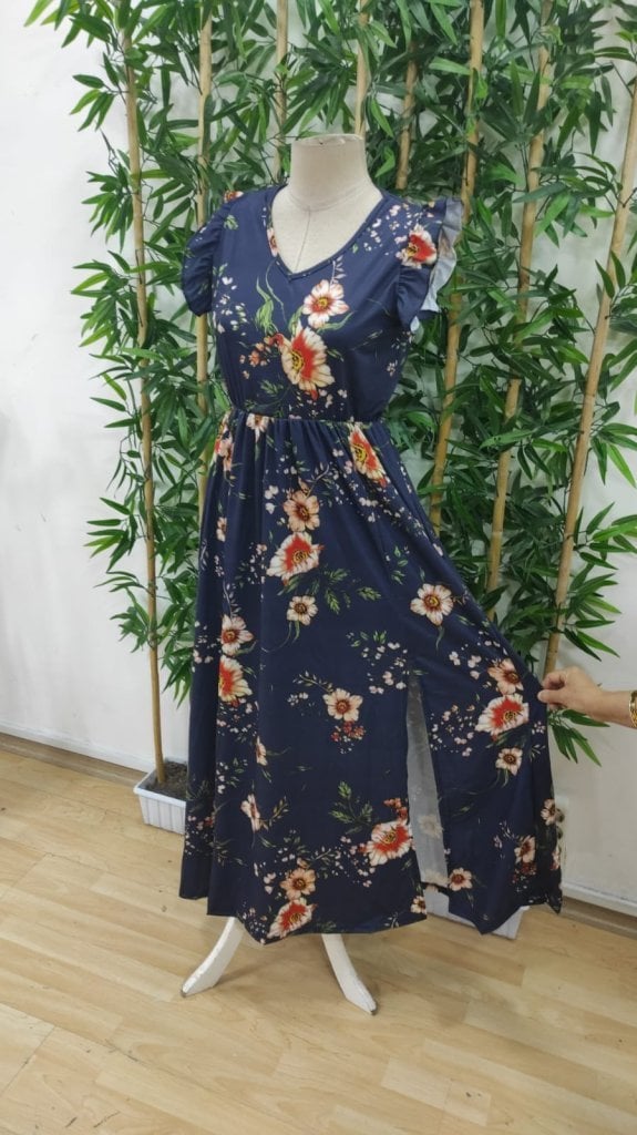 Women's Navy Blue Floral Print V-Neck Maxi Dress with Flutter Sleeves - Janes - by Peralane - photo 6