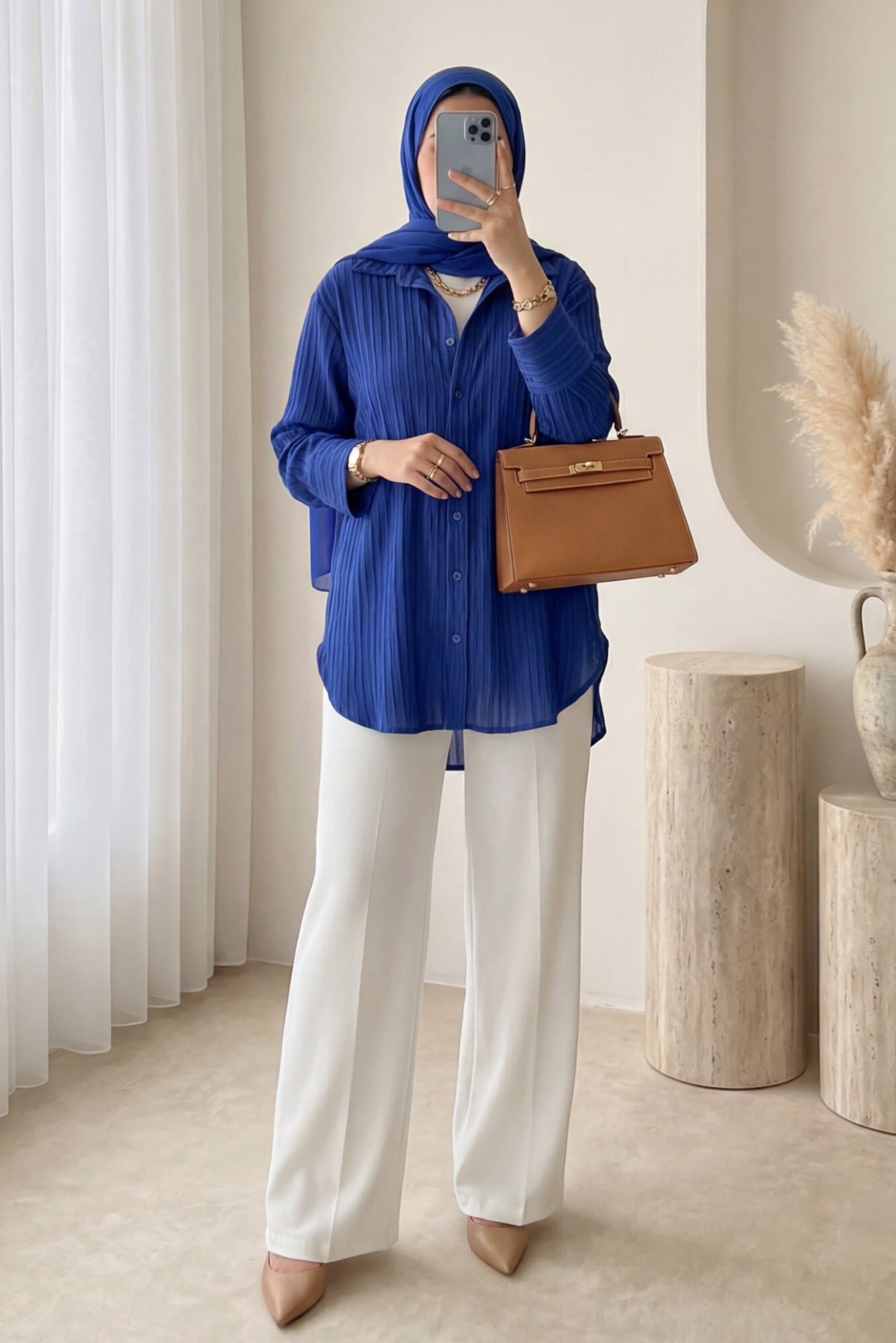 Striped Oval Cut Crinkle Blouse - Navy Blue - Podyumplus - by Peralane - photo 2