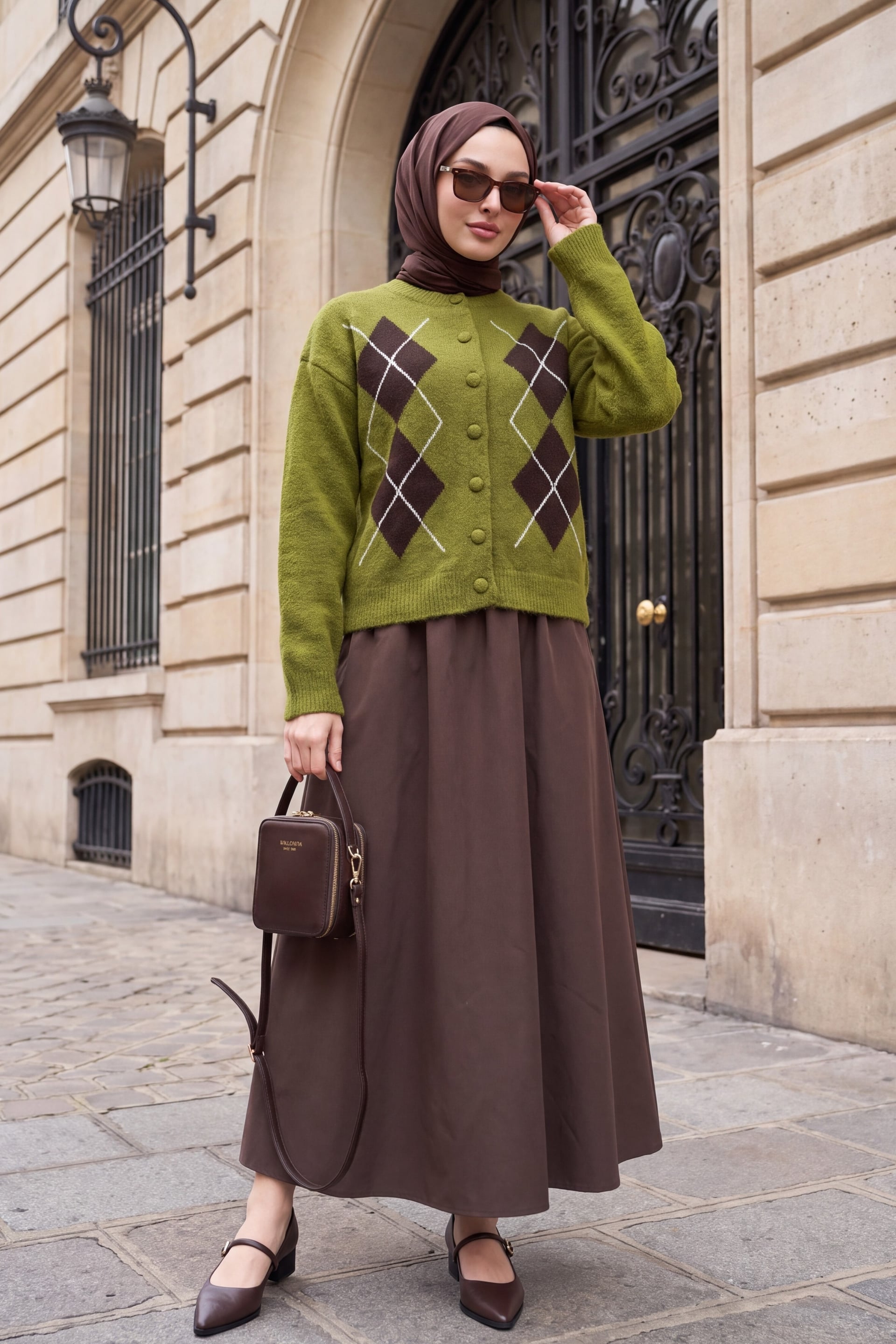 Round Neck Button-Front Argyle Pattern Soft Knit Cardigan - Moss Green - Podyumplus - by Peralane - photo 4