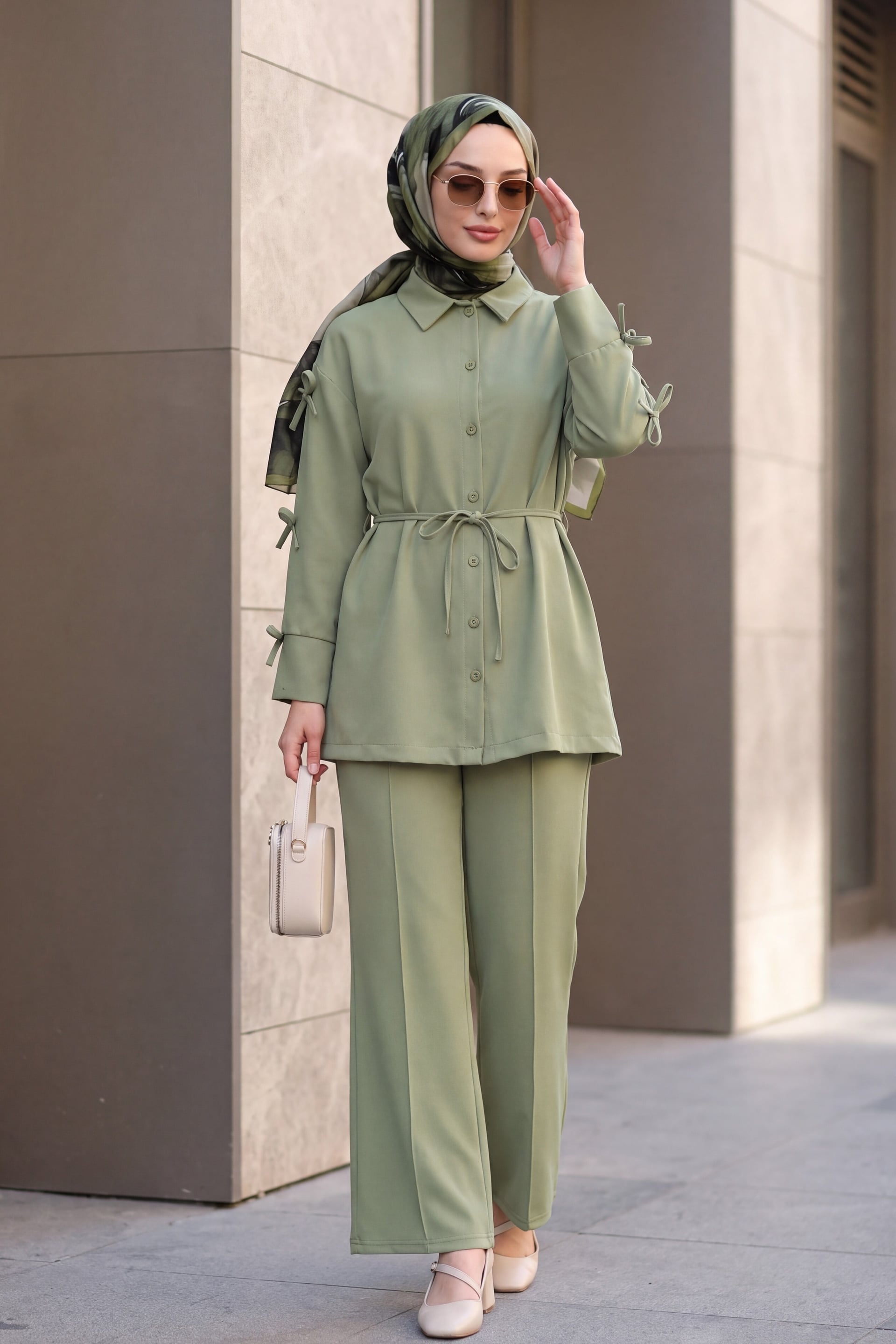 Bow Detail Imported Crepe Shirt and Trousers Set - Pale Green - Podyumplus - by Peralane - photo 2