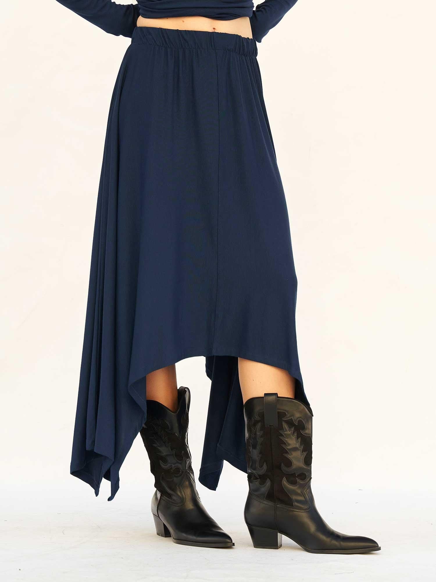 Navy Blue Cowl Neck Top and Asymmetric Midi Skirt Knit Set - Lefon - by Peralane - photo 6