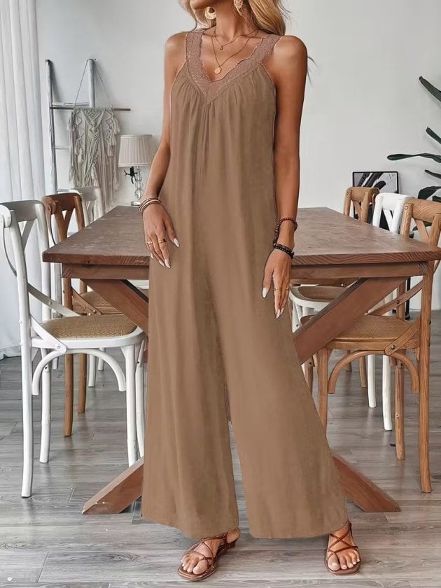 Women's Solid Brown Wide-Leg Viscose Jumpsuit with V-Neck Lace Trim - Janes - by Peralane - photo 2