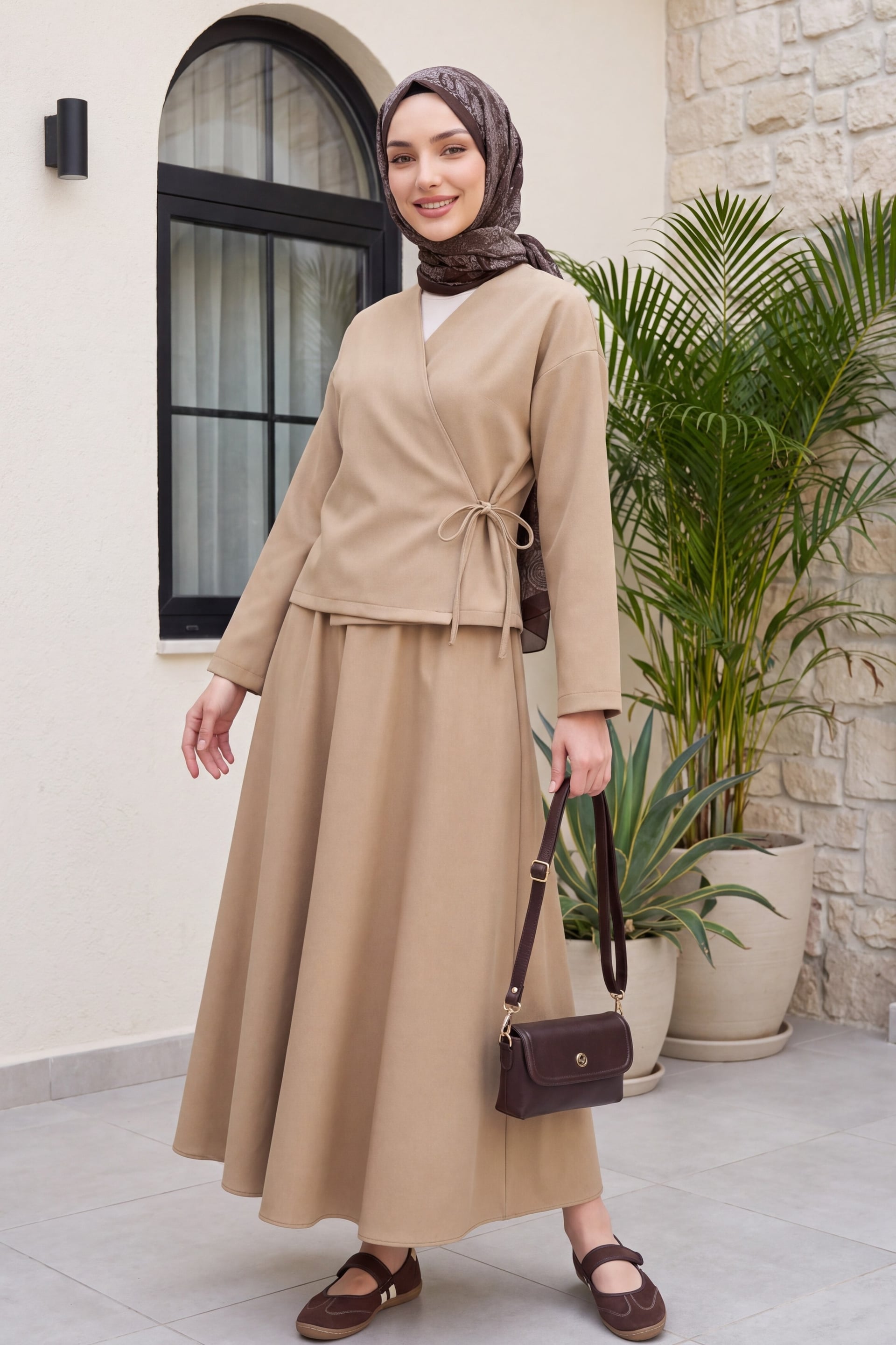 Women's Lace-Up Front Skirted Wool Effect Winter Co-ord Set - Mink - Podyumplus - by Peralane - photo 2