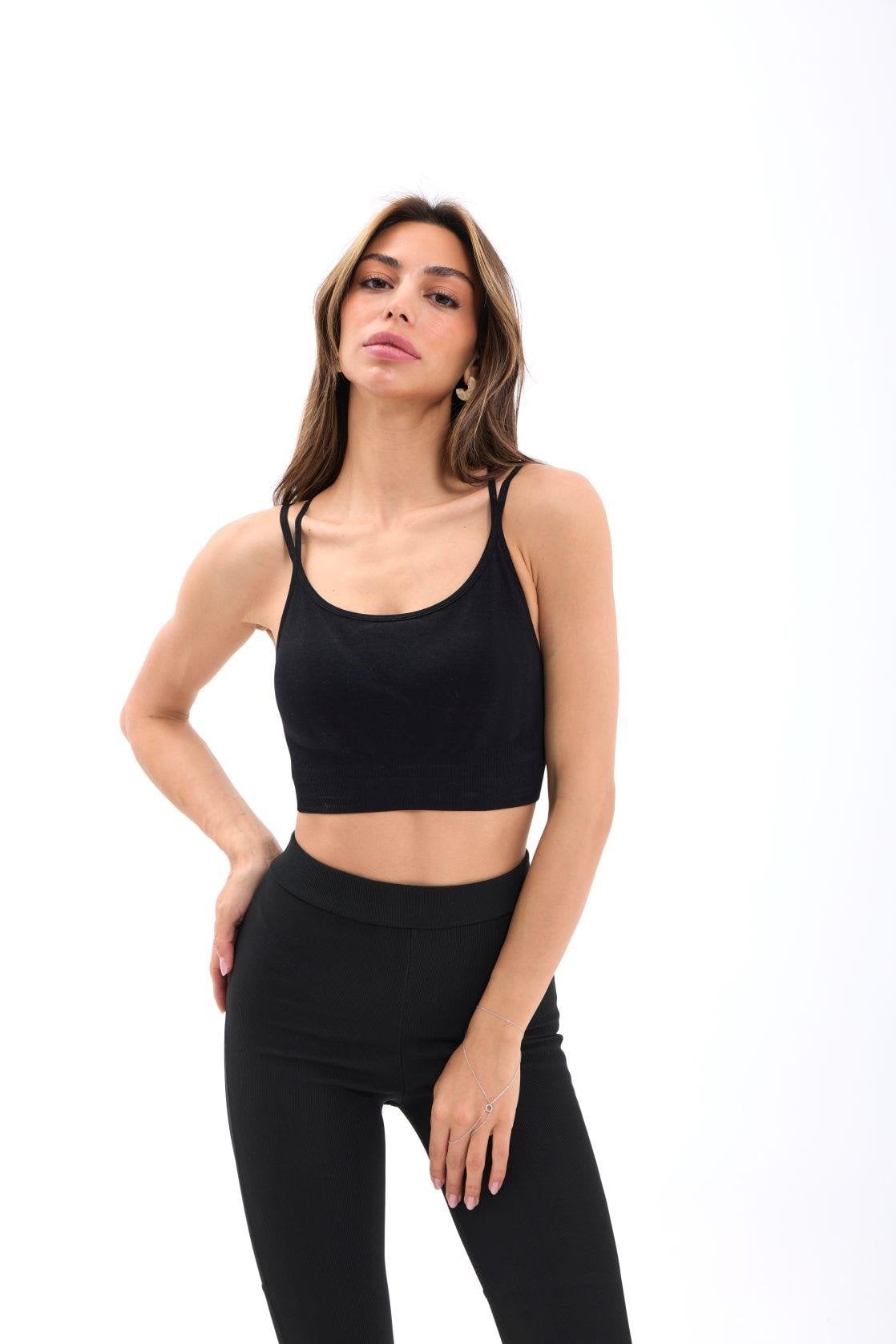 Black Ribbed Knit Sports Bra with Spaghetti Straps - Fame - by Peralane - photo 4