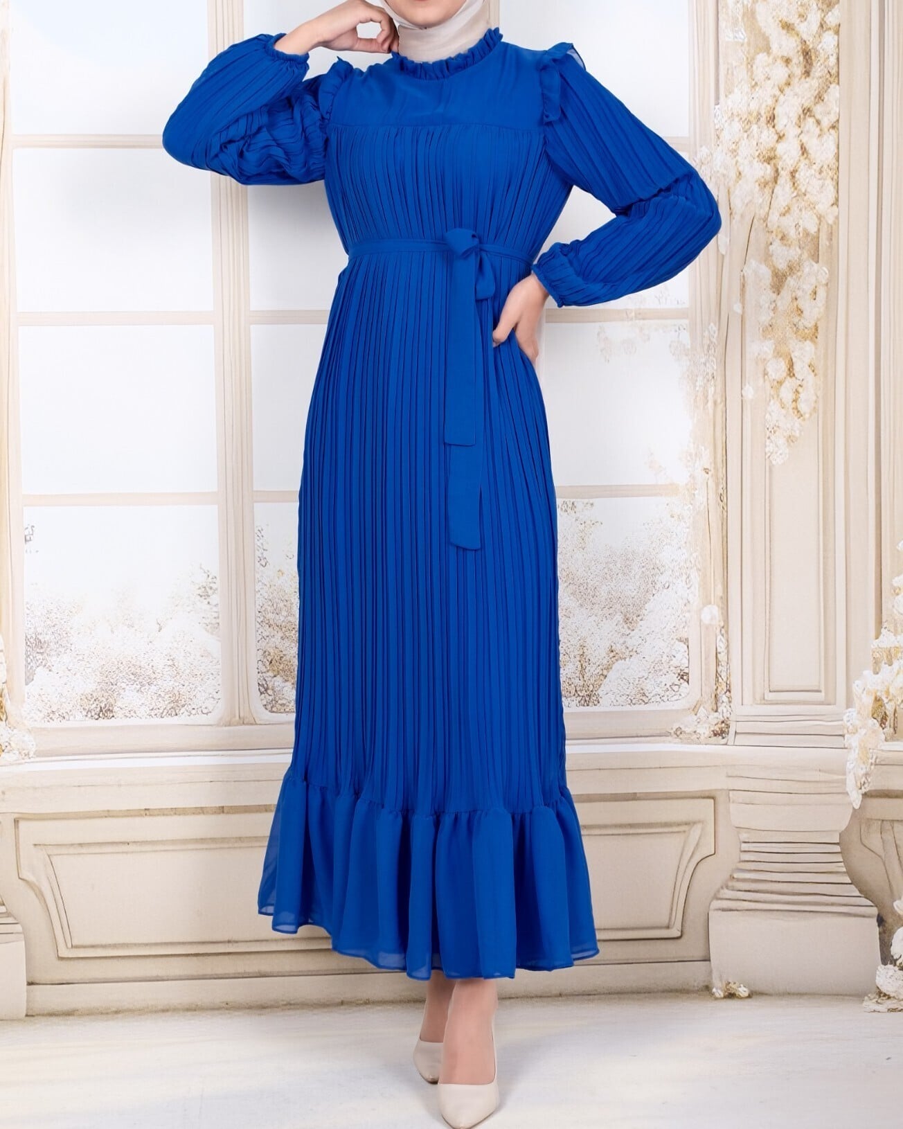 Women's Pleated Midi Dress with Belt - Blue - Podyumplus - by Peralane - photo 5