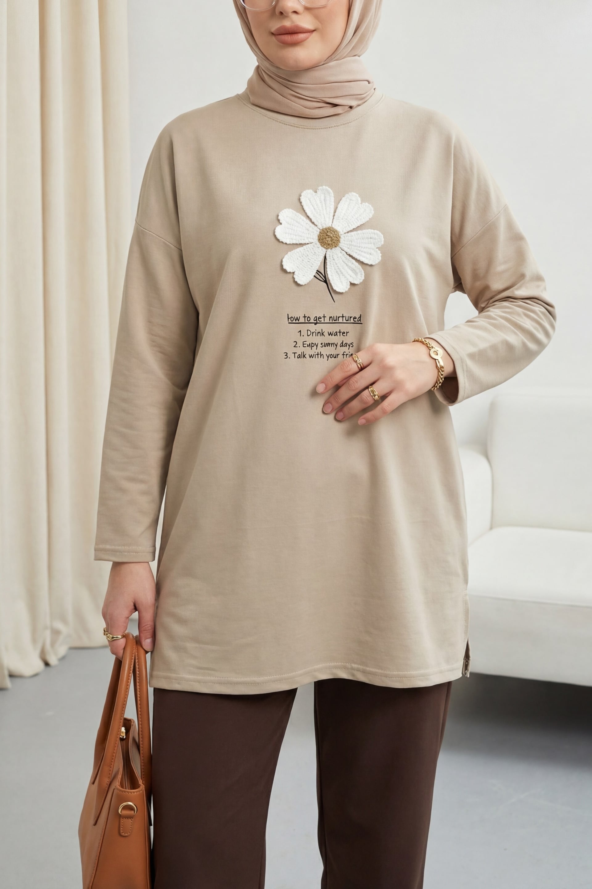 Crew Neck Floral Embroidered Jersey Tunic - Beige - Podyumplus - by Peralane