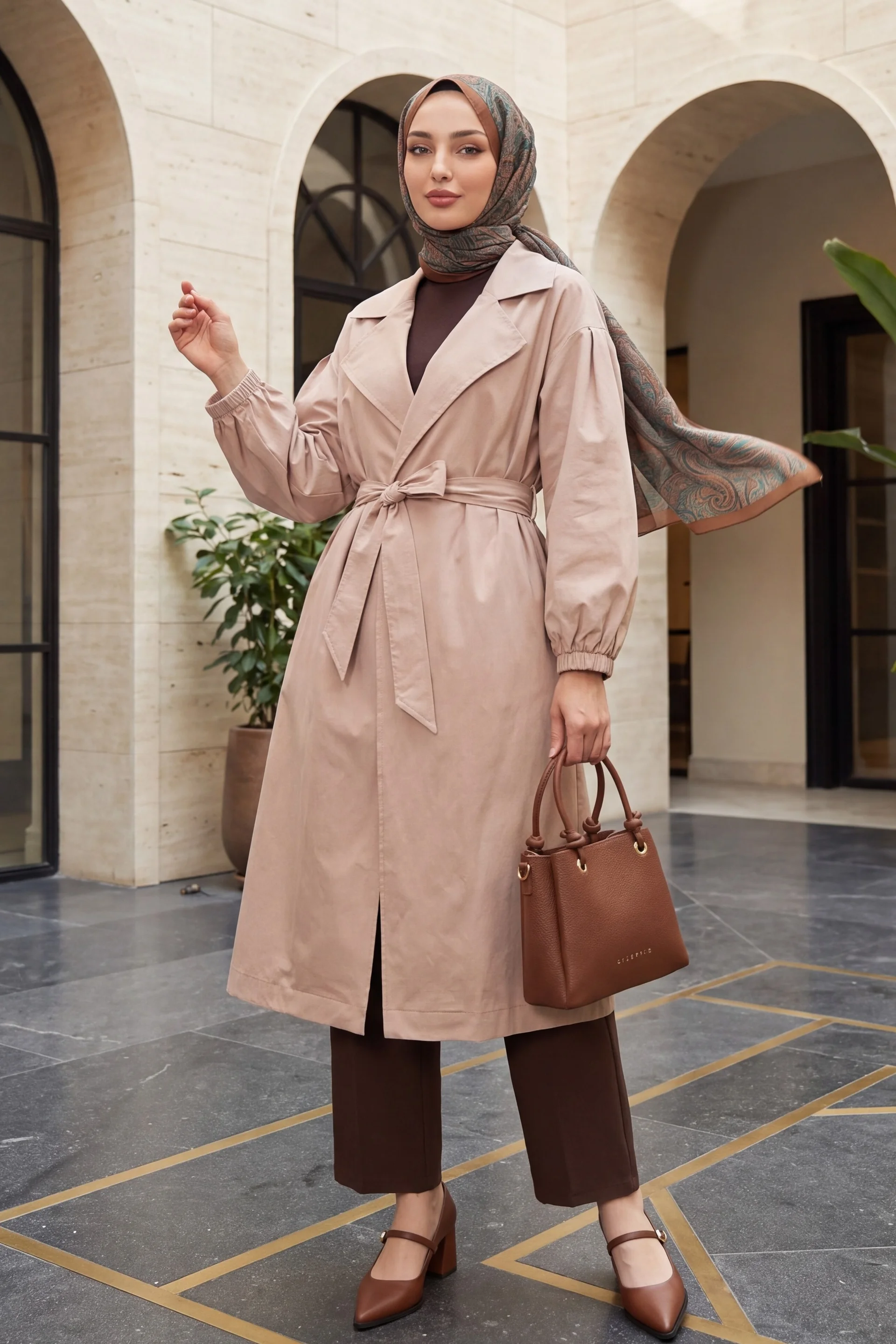 Elastic Cuff Belted Lined Trench Coat - Stone - Podyumplus - by Peralane