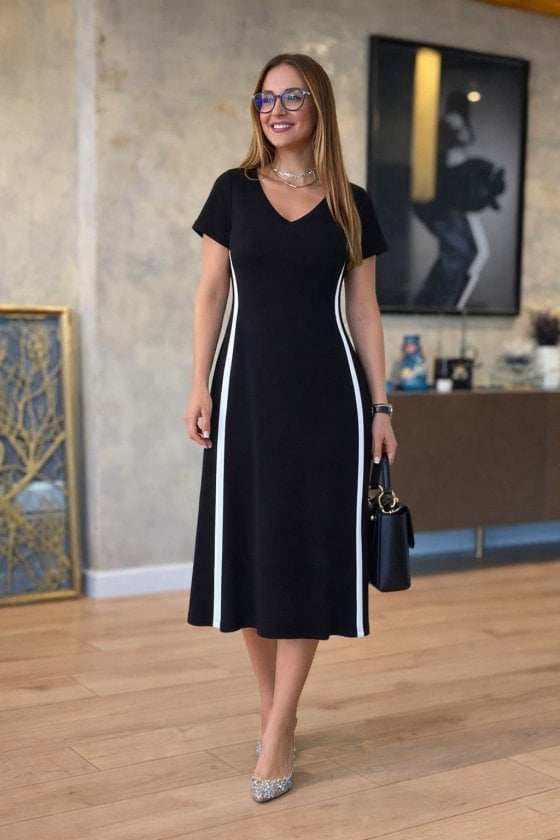Women's Short-Sleeve V-Neck Side-Stripe Viscose Two-Thread Midi Dress - Janes - by Peralane - photo 3