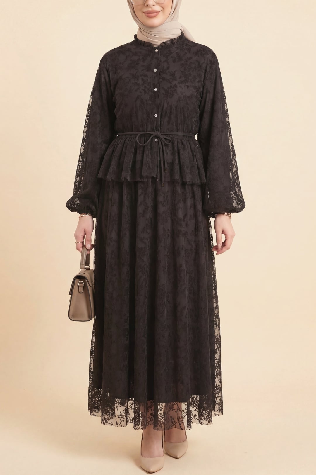 Brown Floral Balloon Sleeve Modest Dress with Tie Belt - Podyumplus - by Peralane - photo 2