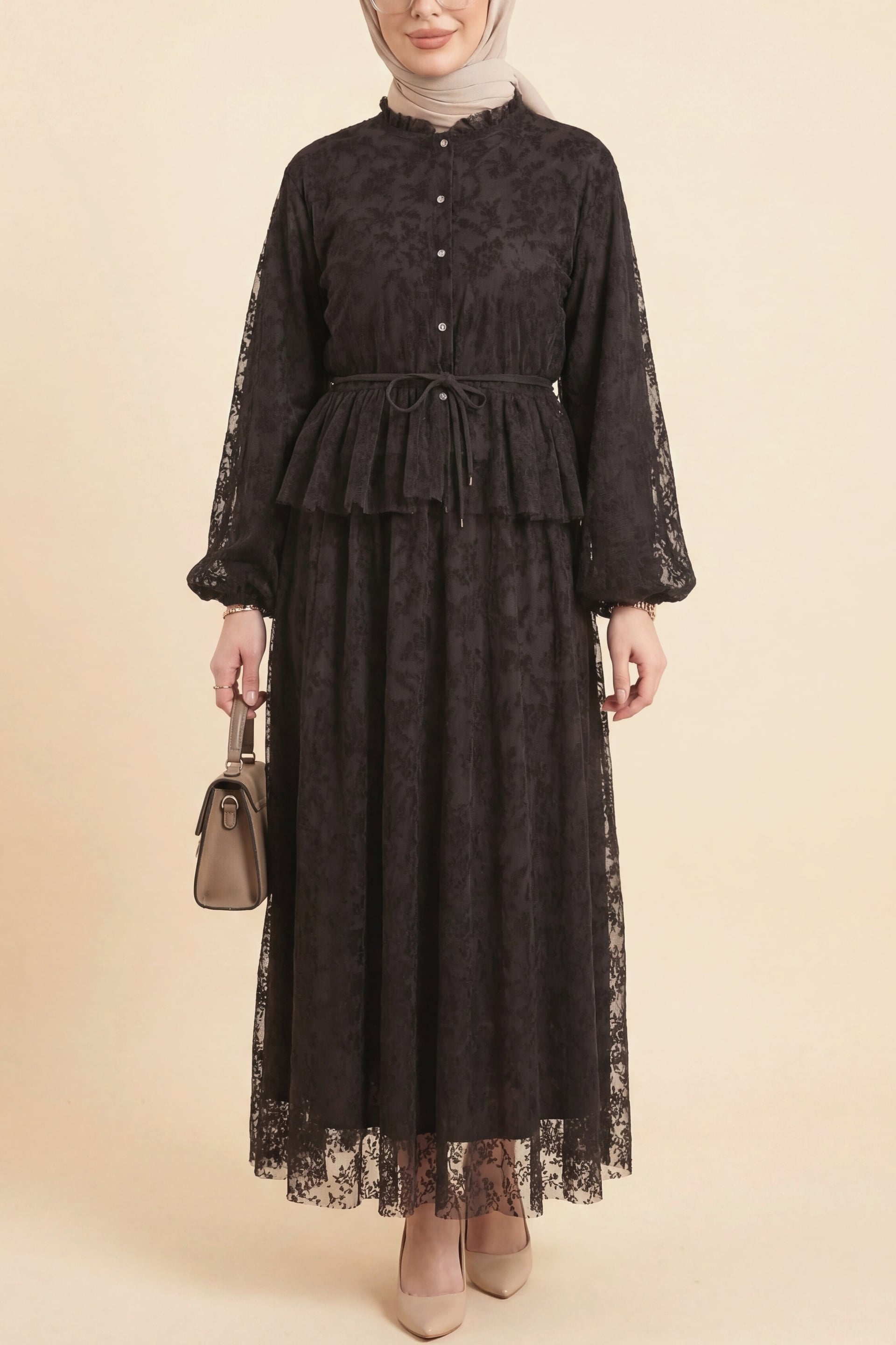 Brown Floral Balloon Sleeve Modest Dress with Tie Belt - Podyumplus - by Peralane - photo 2