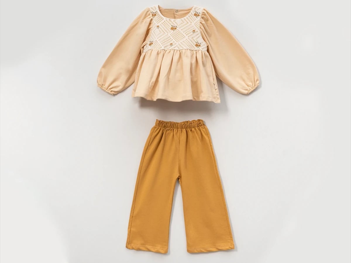 Girls' Two-Piece Crochet Floral Embroidery Set in Mustard - Vovido - by Peralane