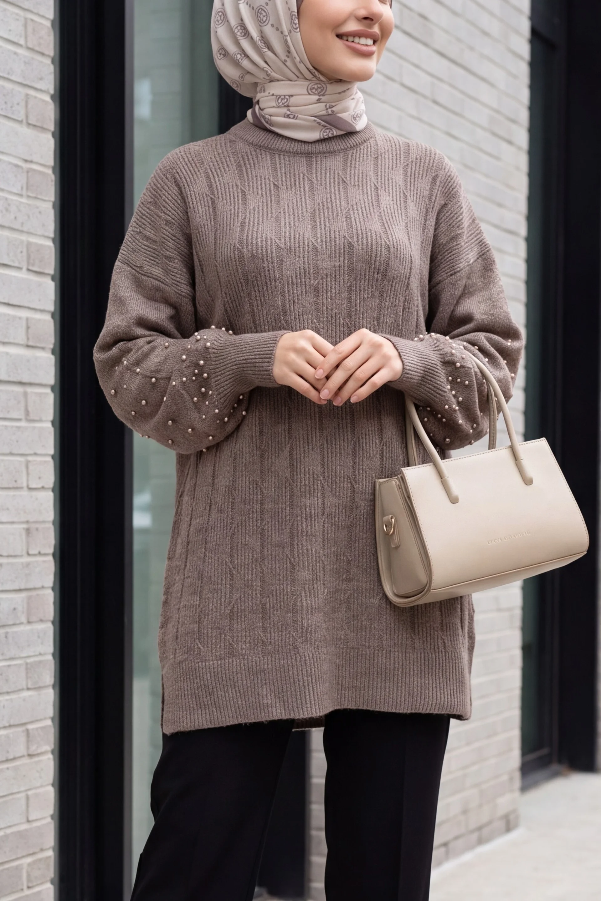 Pearl Detail Patterned Relaxed Knit Tunic - Light Brown - Podyumplus - by Peralane